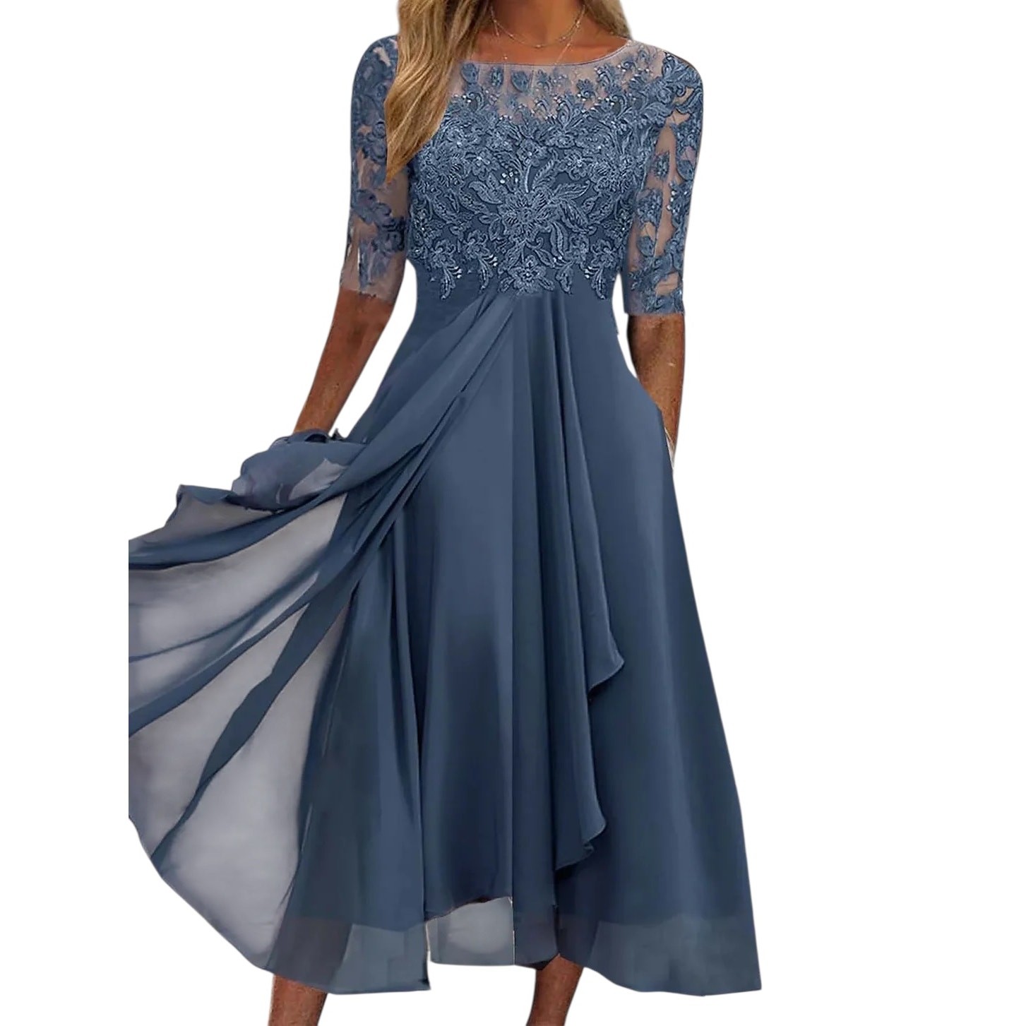 Dusty Blue Lace /Chiffon Dress with Half Sleeves