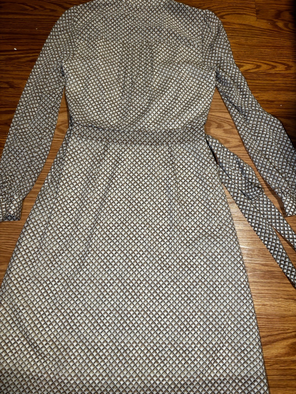 Tory Burch White/Brown Geometric Wrap Dress V-Neck Long Sleeve Belted 4
