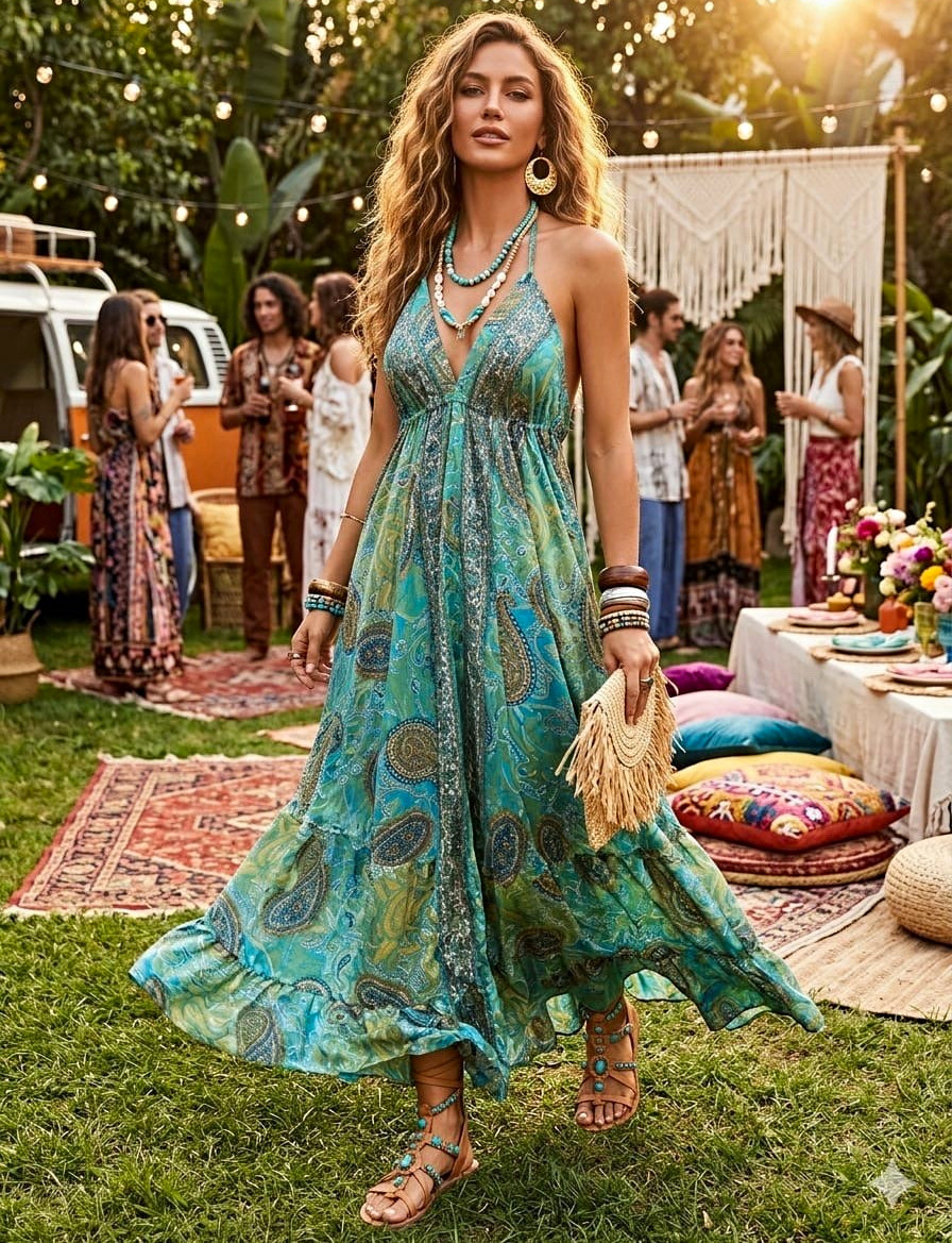 Women’s S Blue/Green Paisley V-Neck Halter Open Back Tassel Tie Dress