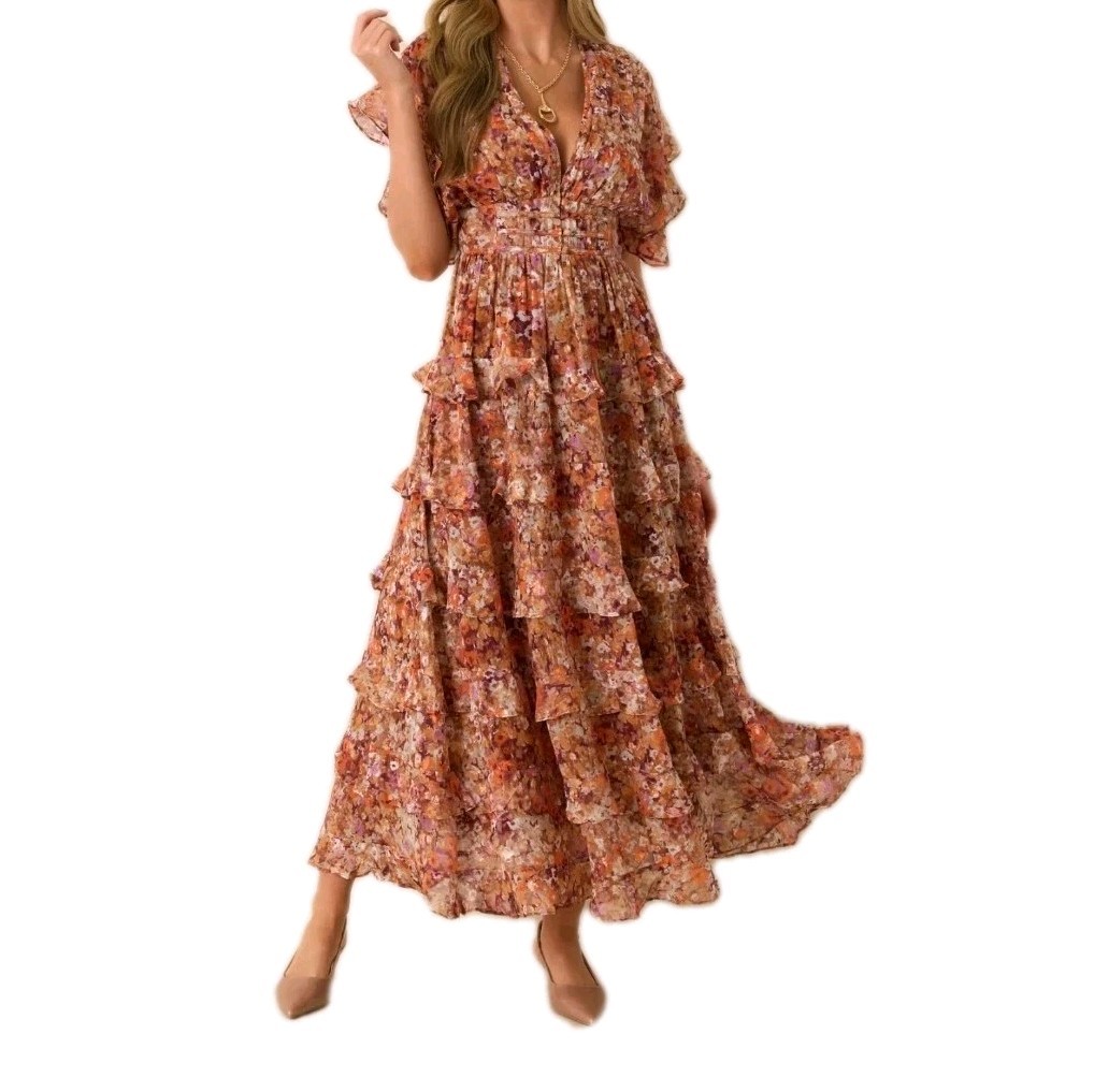 STORIA Bloom To Bloom Terracota Multi Floral Print Ruffle Maxi Dress Size SMALL