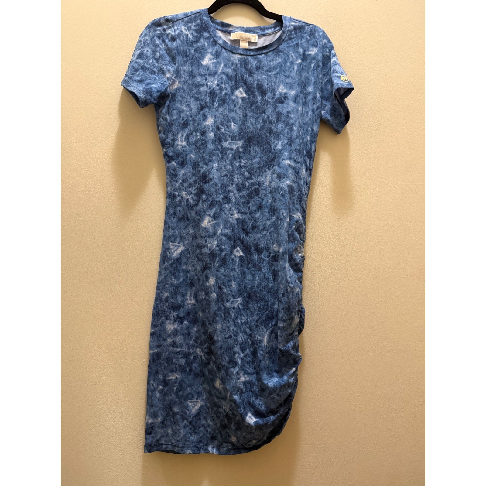 Michael Kors Sun Waves Ruched Bodycon Midi Dress Blue Tie Dye Stretch – S