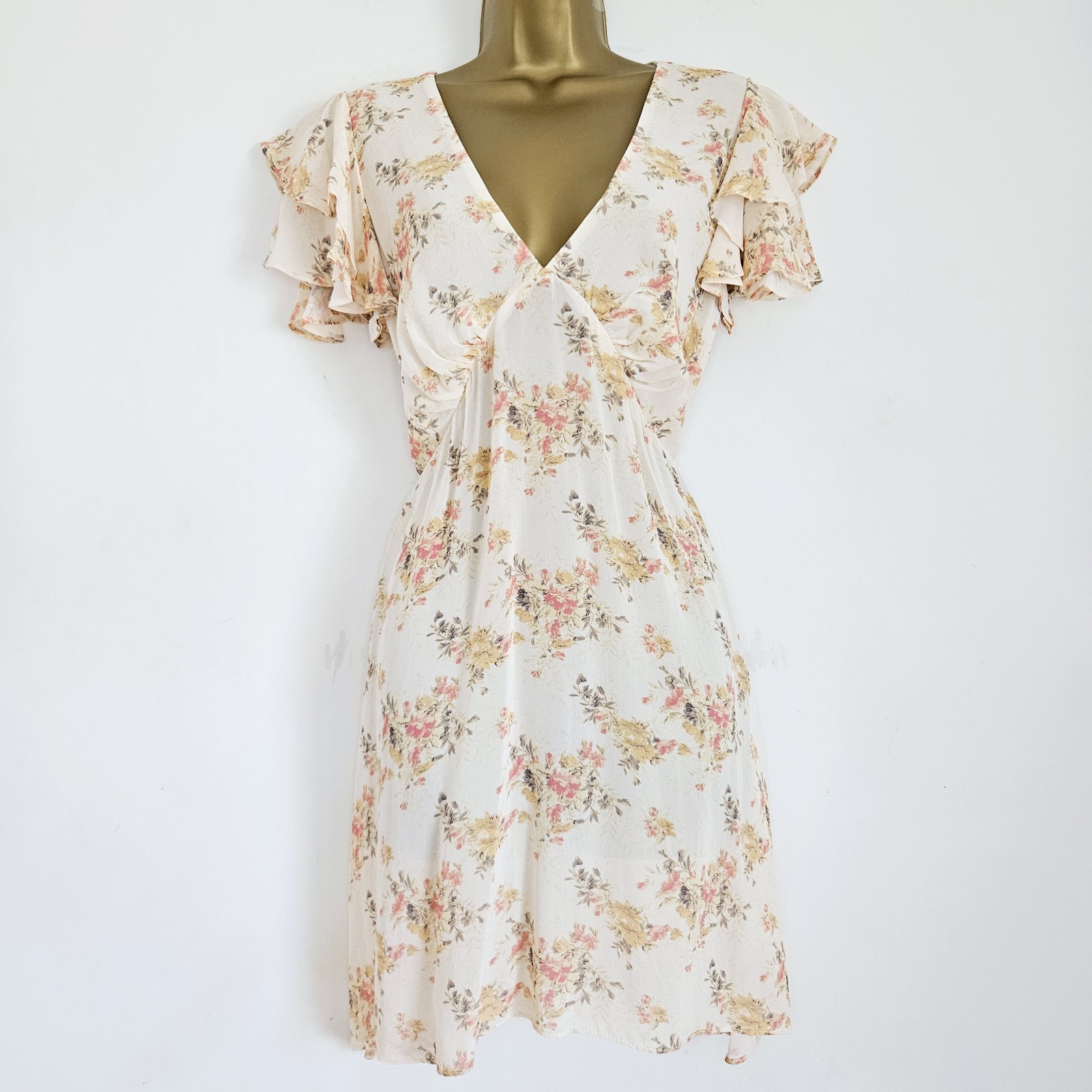 NEW Ex NEW LOOK 10-18 Ruffle Chiffon Floral Dress Ivory Pink Occasion Wedding
