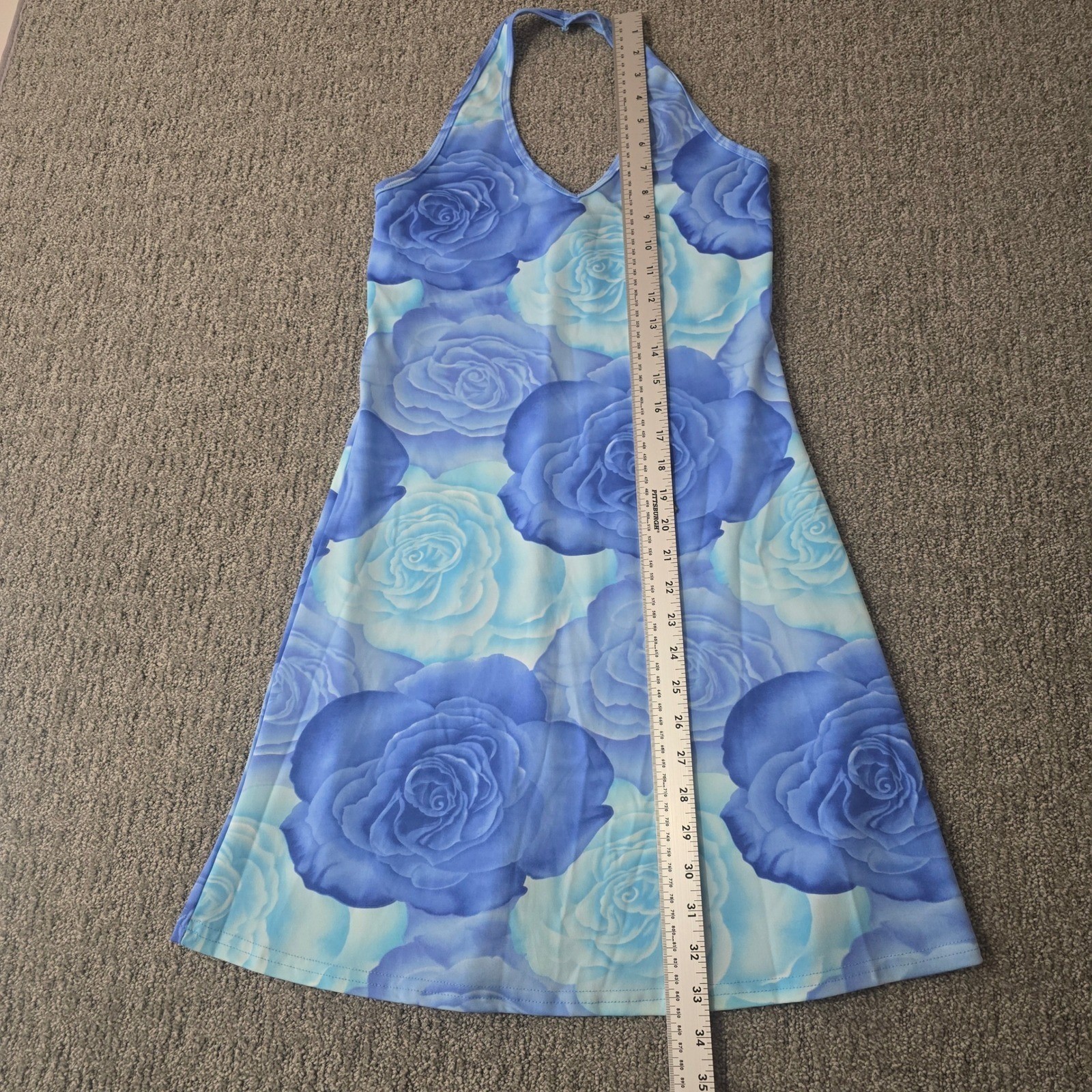 Vintage Y2K Beware Floral Blue Mini Dress Halter Coquette Size M