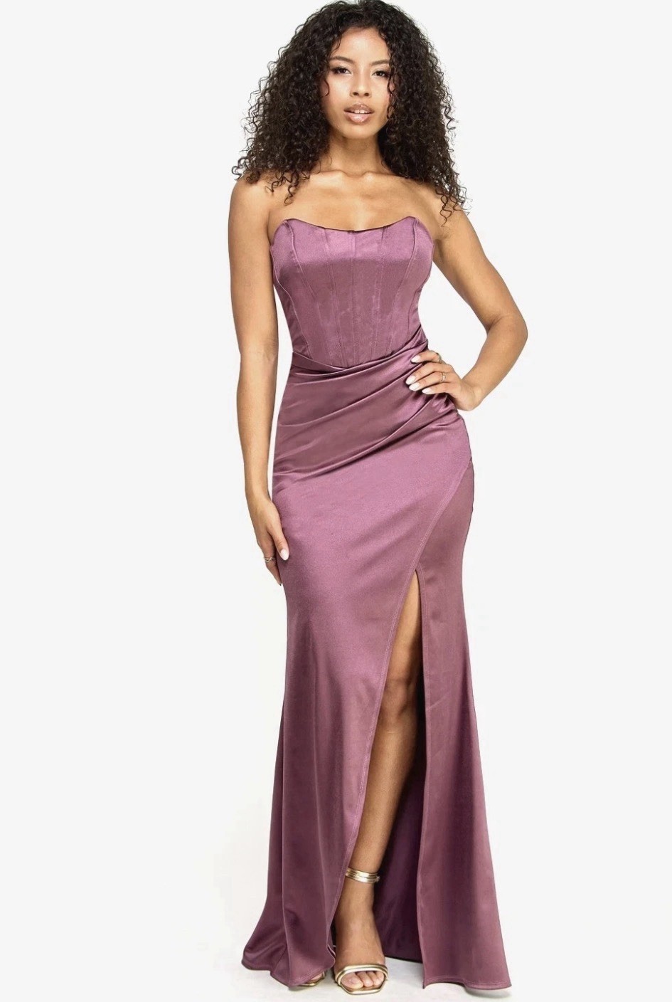 Emerald Sundae Juniors’ Iris Sateen Corset-Bodice Slit Gown – Iris – S – Broken
