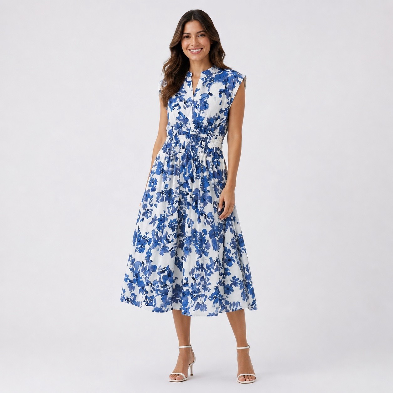 Calvin Klein Blue-White Sleeveless Floral Dress
