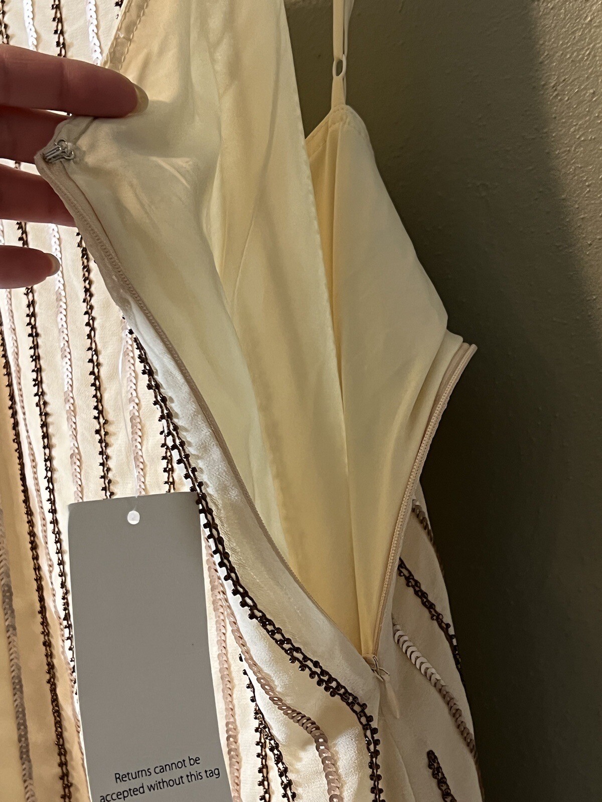 Tobi NWT Tan Sequin Spaghetti Strap Dress Size Medium Party Chic Retro Evening