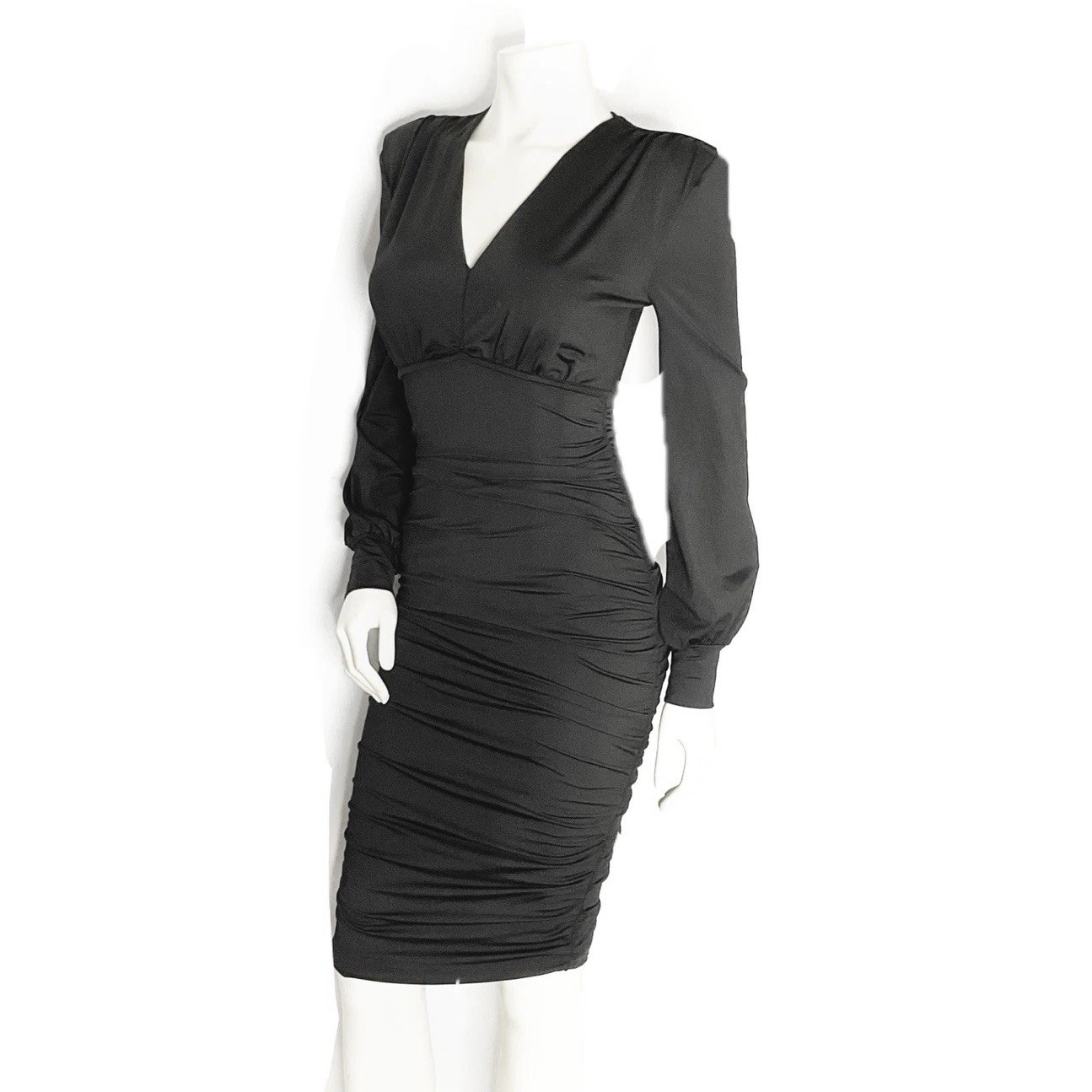 Women’s S Black Solid Bodycon Knee Dress Long Sleeve V-Neck Ruched Zip