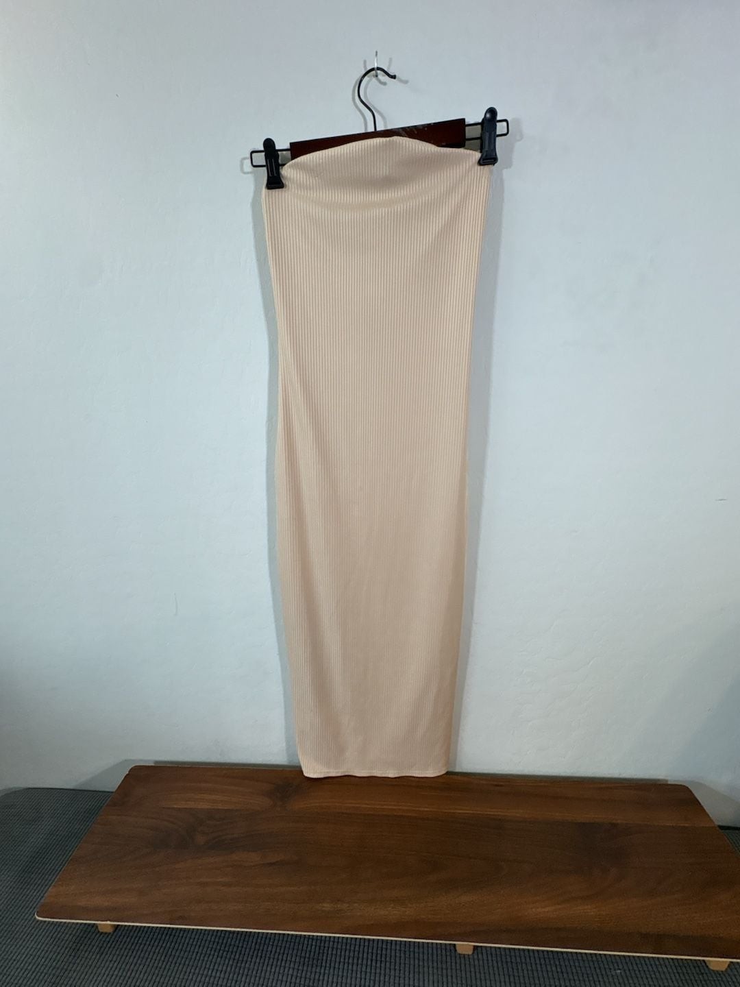 Leith Beige Ribbed Strapless Bodycon Midi Dress