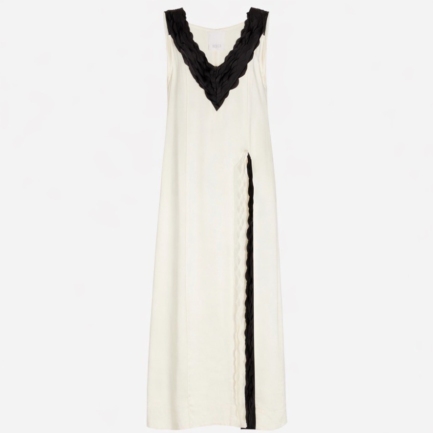 BEVZA Cream & Black Braid Trim Kvitka Maxi Gown Viscose Sleeveless Dress size XS