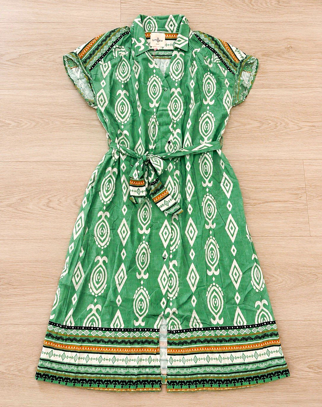 umgee Green White Geometric Collared Button Belted Shirt Dress M Rayon Nylon
