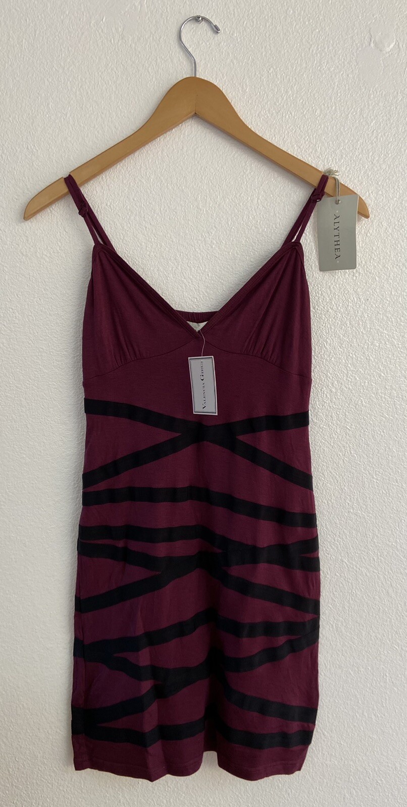 NWT Alythea Body Con + Black Strips Wrap Sexy Club Mini Dress Wine/Black S New