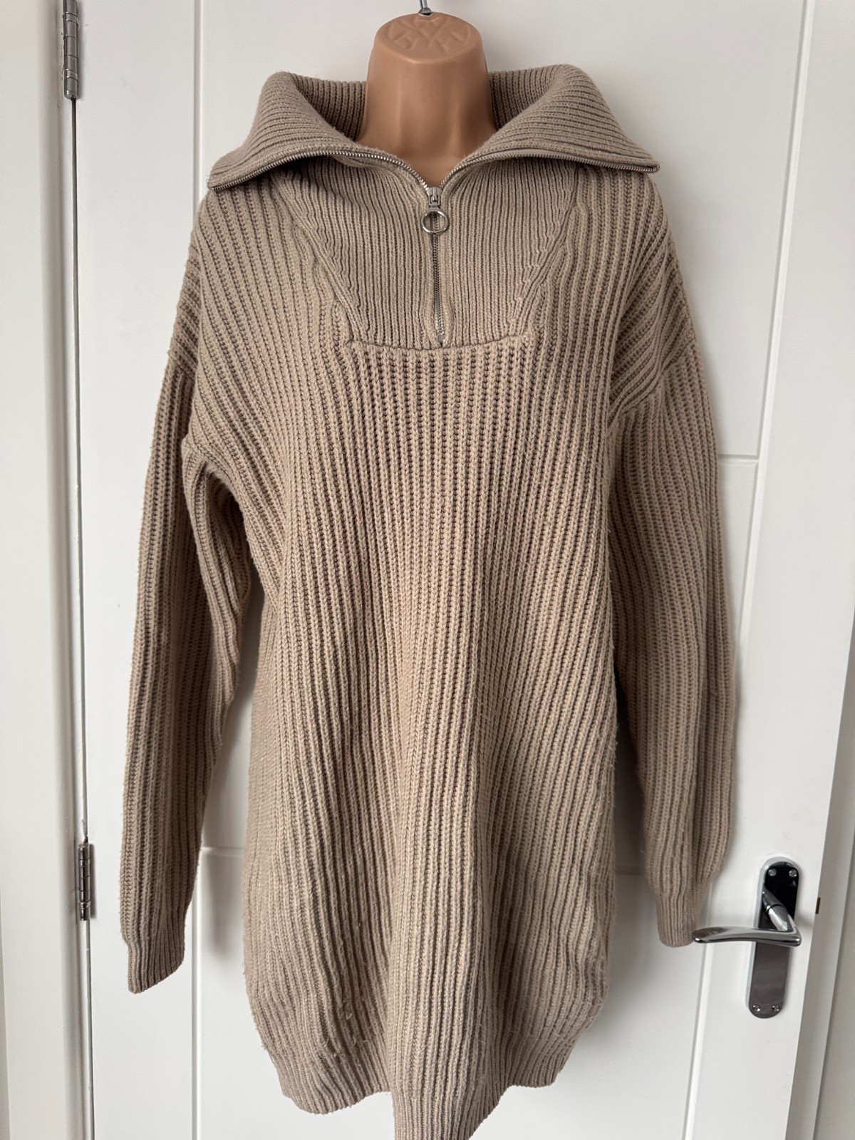 In The Style Women’s Beige Chunky Knit Zip Neck Jumper Dress UK 8 S Casual B6