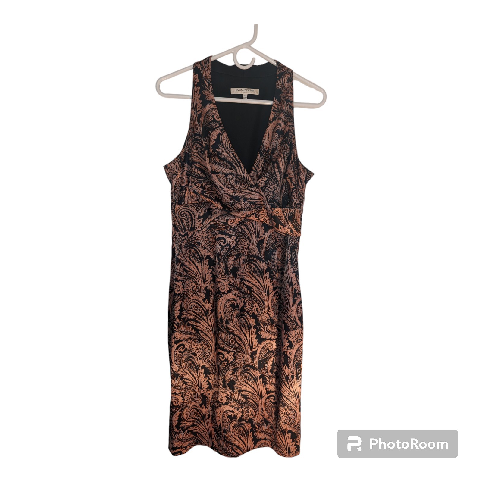 Evan Picone copper and black scroll print cocktail dress size 8