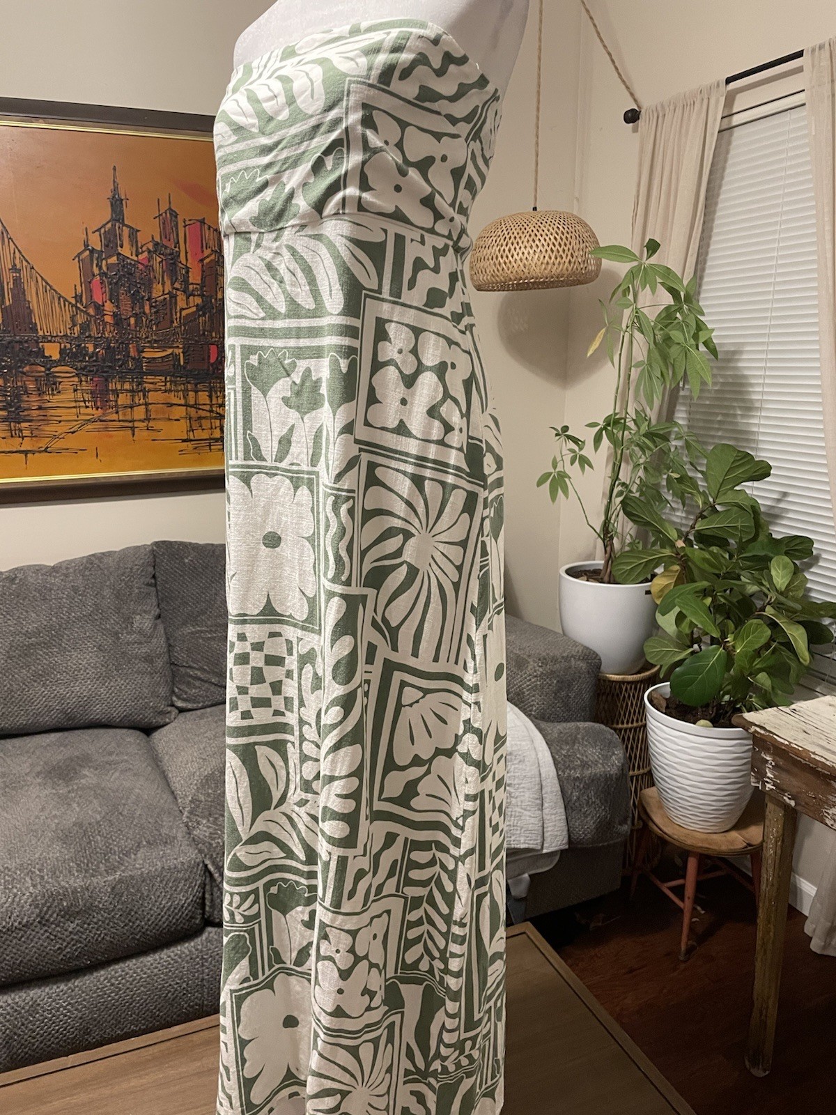 Paper Heart Strapless Linen Blend Maxi Dress Lg Green White Resort Vacation EUC