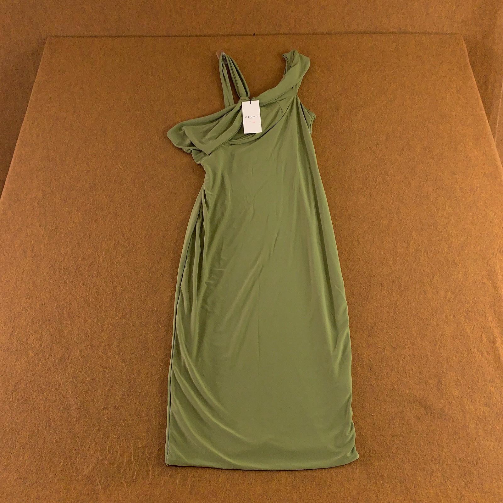 Club L Womens 10 Olive Green Stretch Asymmetric Neck Cut Out Ella Midi Dress NWT