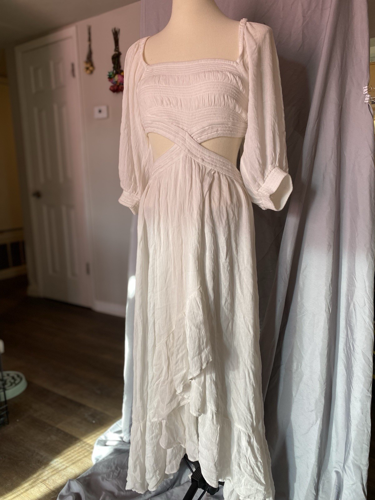Free People Cross My Heart Maxi Dress Smocked Cutout Balloon Sleeve Women’s S NW