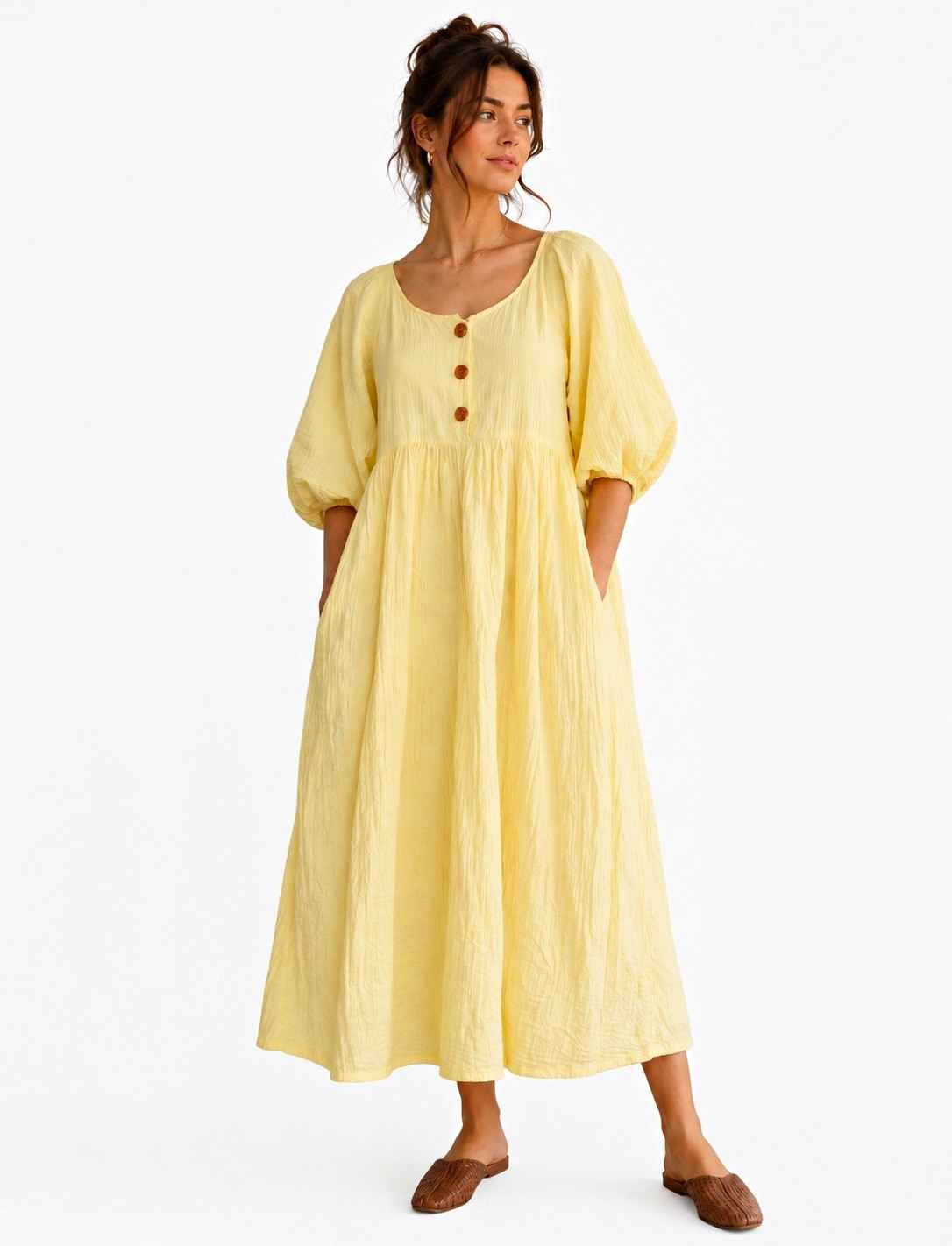 Atelier Delphine Organic Cotton Gauze Midi Dress Yellow Puff Sleeve USA M