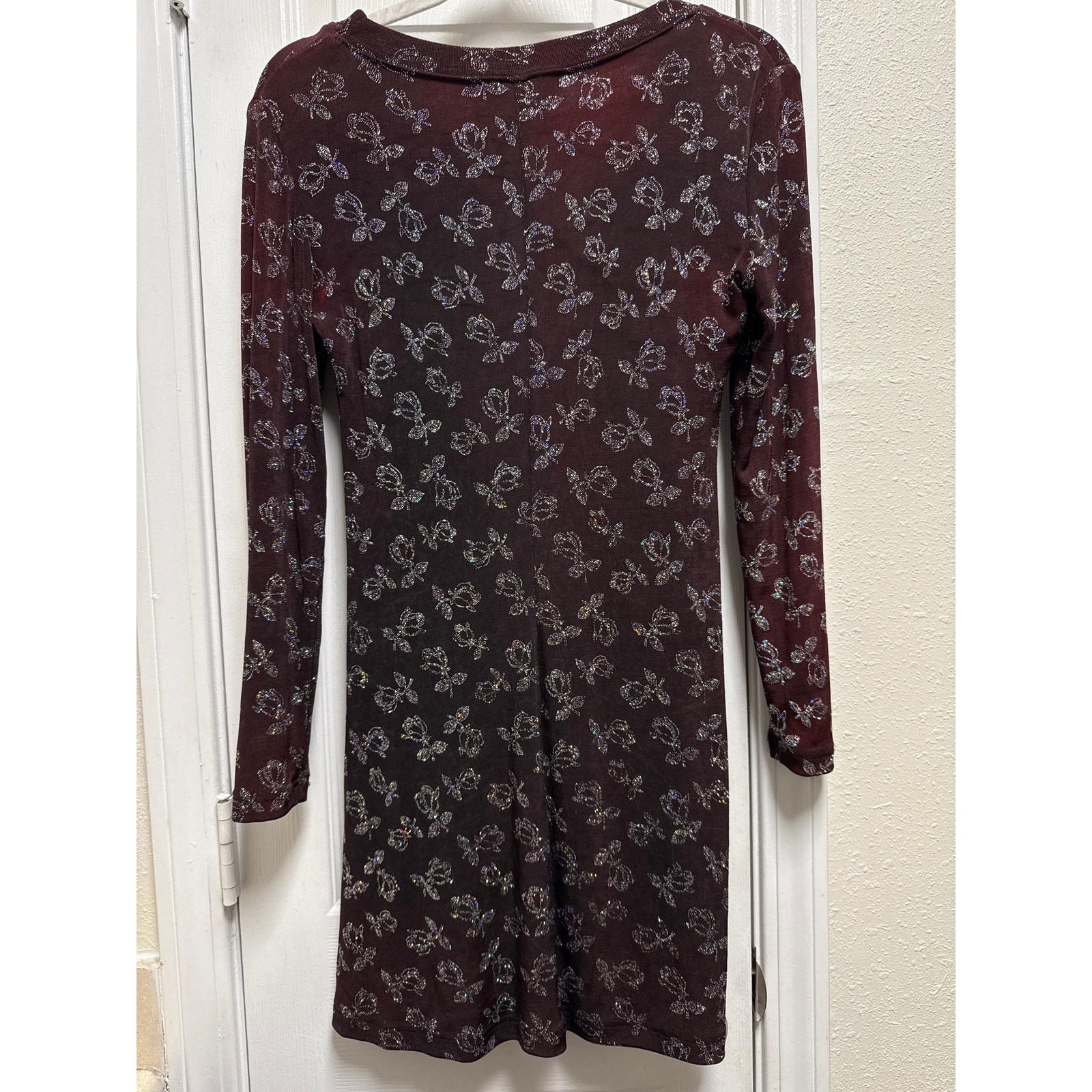 Vintage 90 A Line Stretch Knit Shimmer Rhinestone Rose Print Mini Dress Size 2