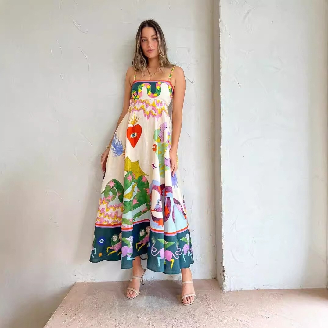 summer Women’s Alemais Floral New Square Neck Halter Mid-length Dress Ladies