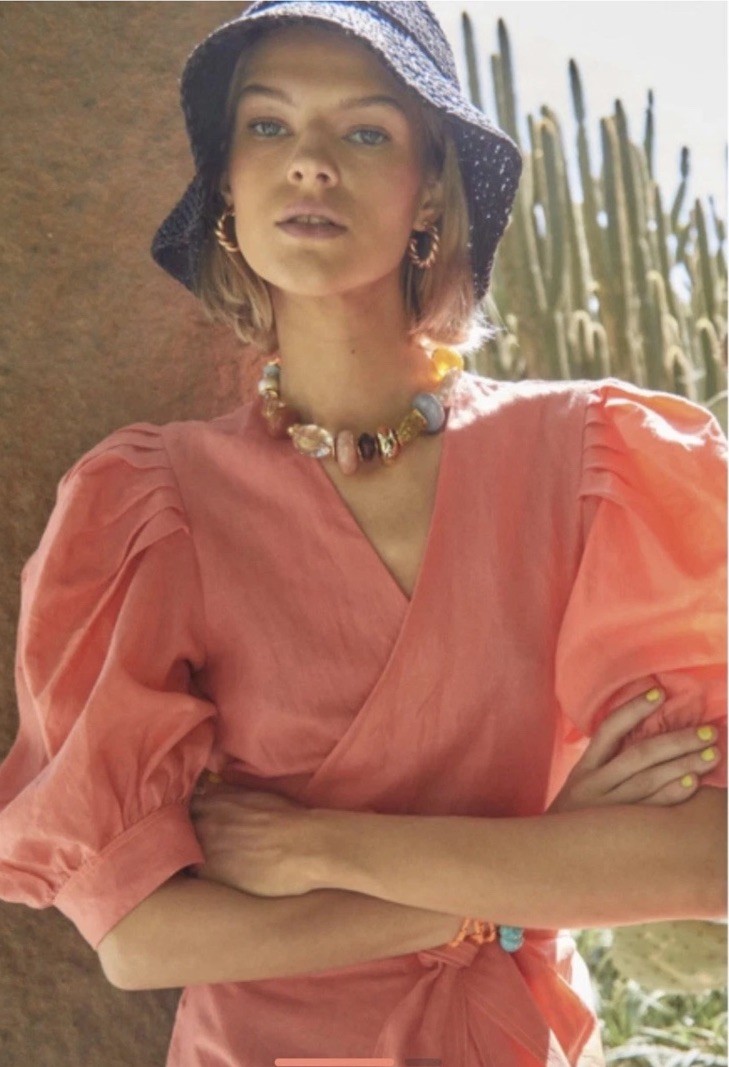 Hunter Bell The Hampton Wrap Dress Large Melon Orange Puff Sleeve Party XL