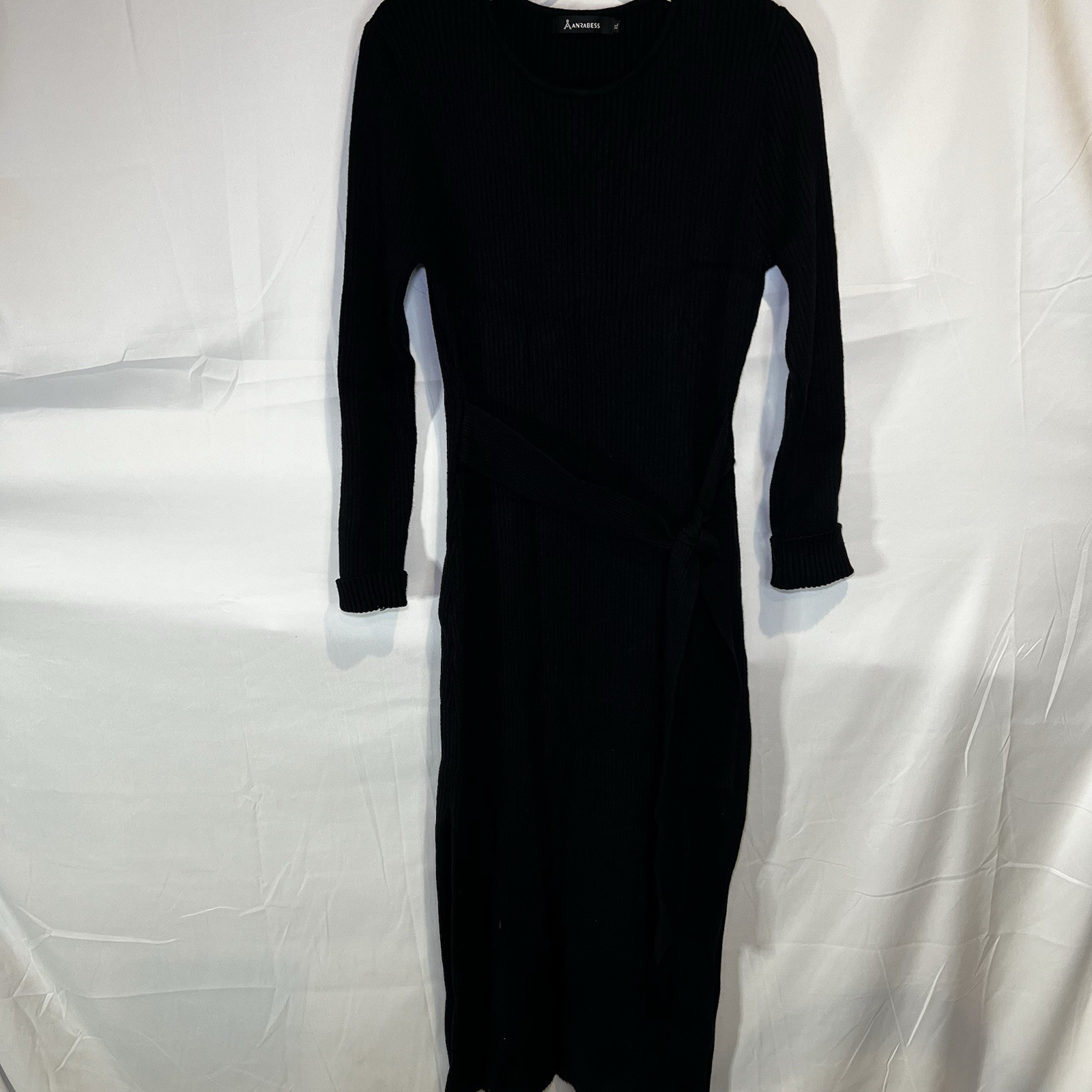 Women’s Anrabess X-Large Black Bodycon Ribbed Scuba Cocktail Midi Dress Belt Tie