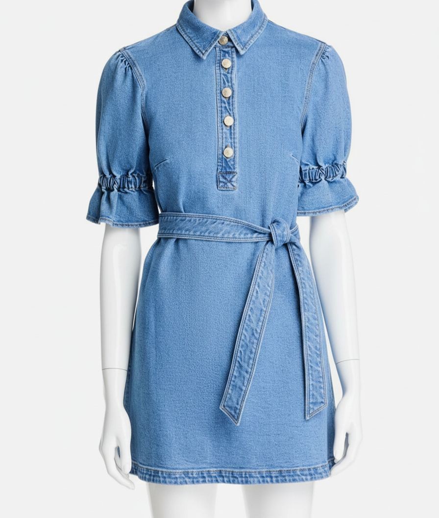 Cinq à Sept Women’s Blue Denim Ruffled Cuff Self-Tie Nataly Shirt Dress Size 4