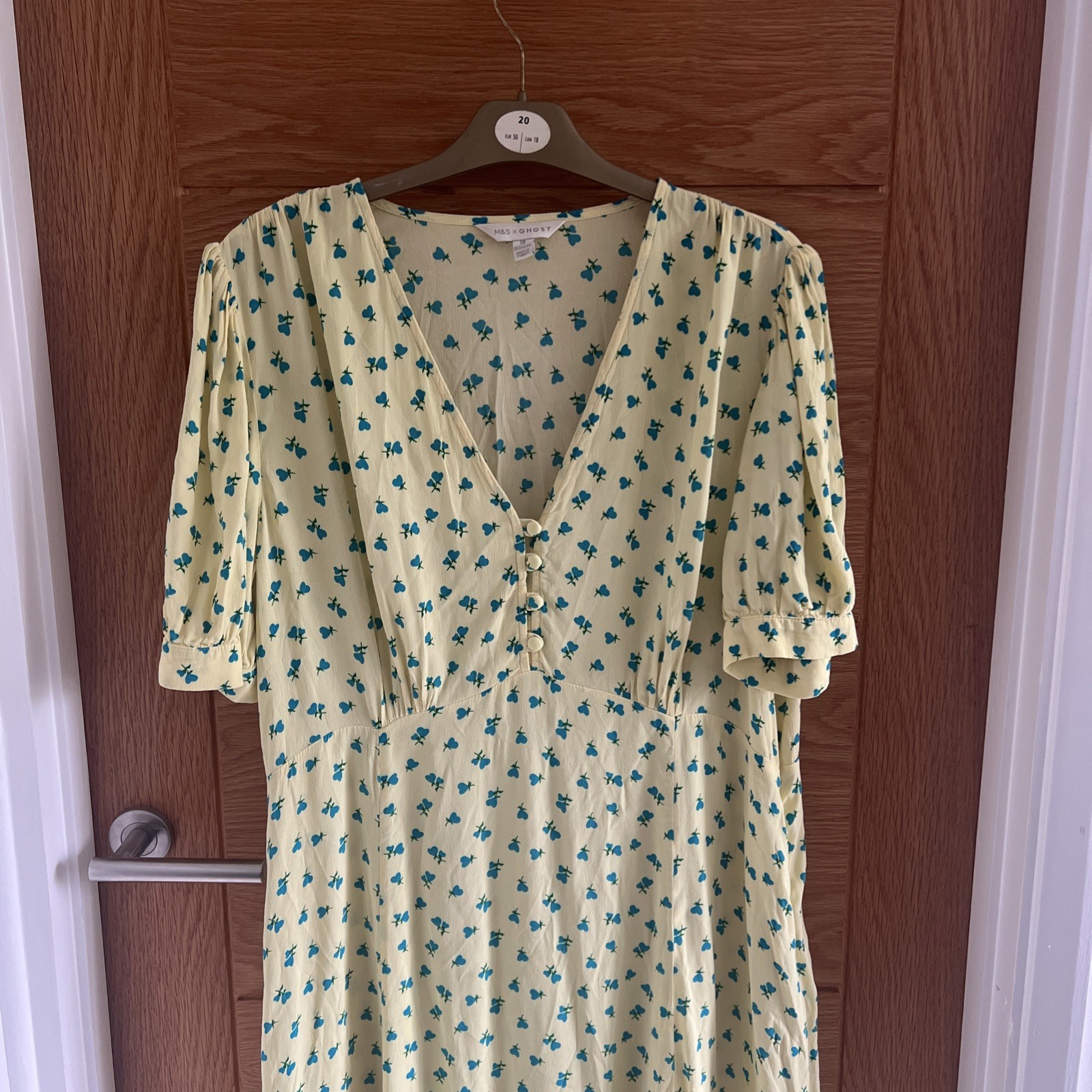 Marks & Spencer X Ghost Ditsy Print Tea Dress Size 18 Butter Yellow Blue Heart