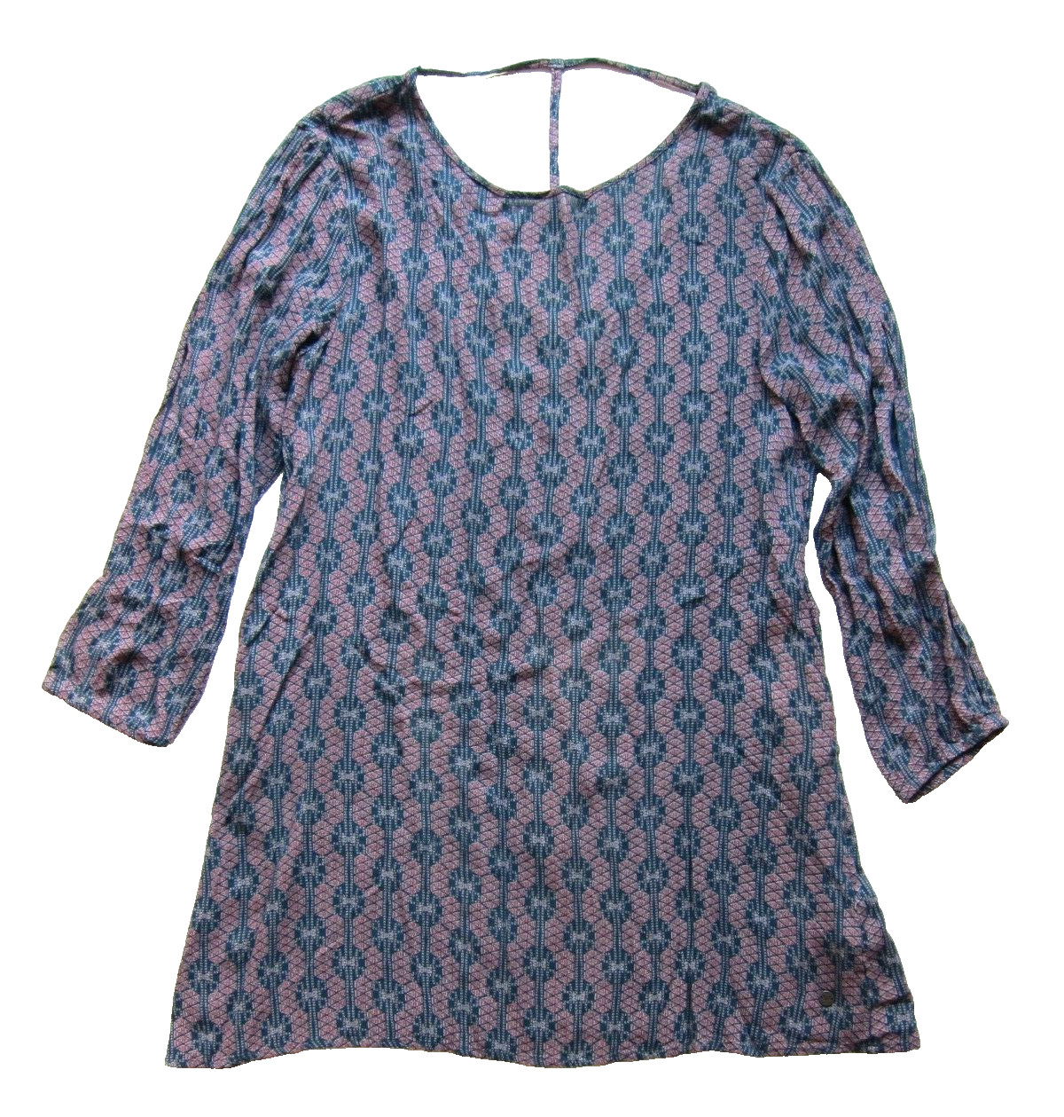 ROXY 100% Rayon Blue Green Pink Geometric Pocket Long Sleeve Tunic Shift Dress L