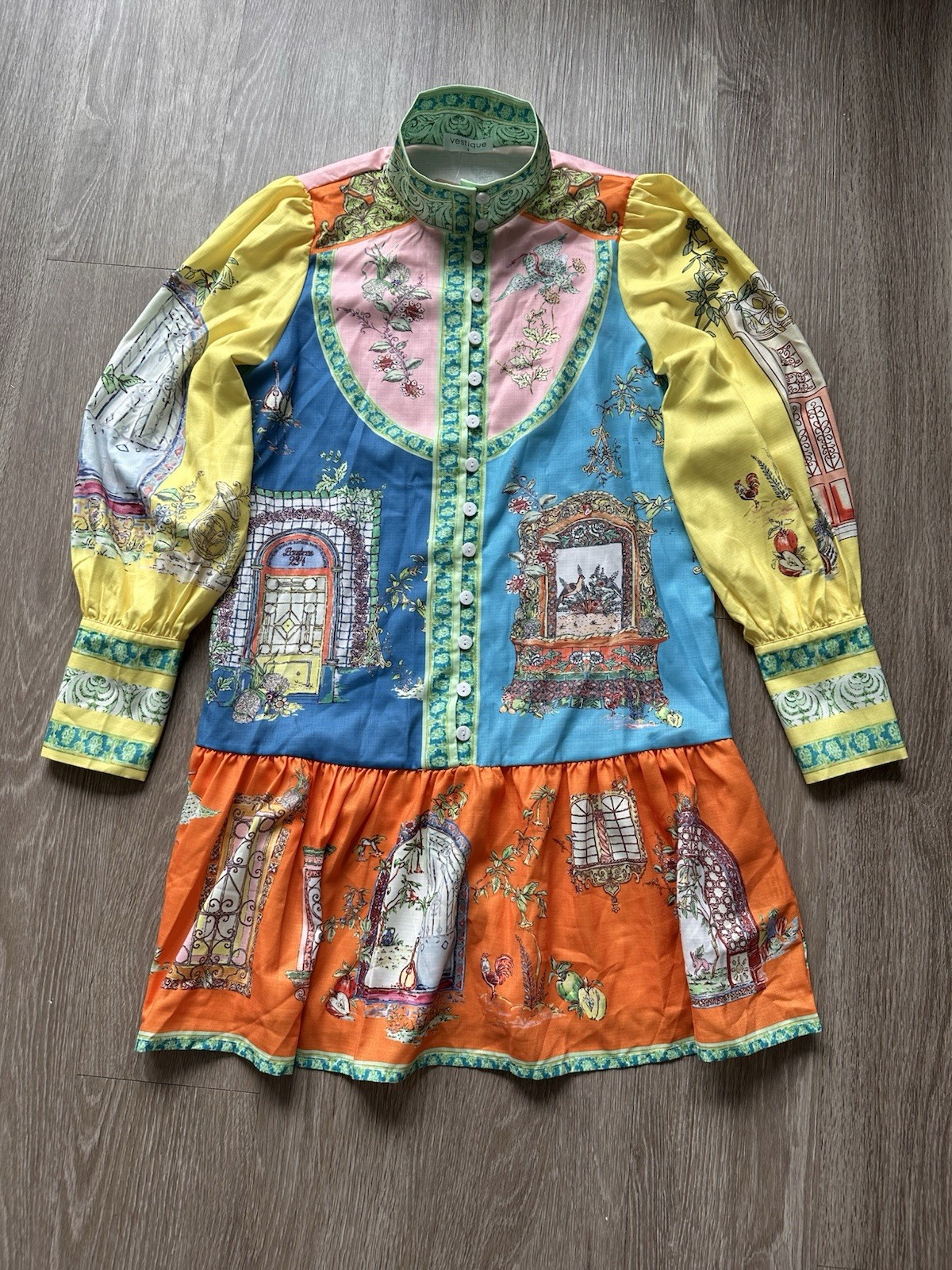 Eclectic Whimsical Botanical and Architectural Motifs Mini Dress Linen Blend NWT