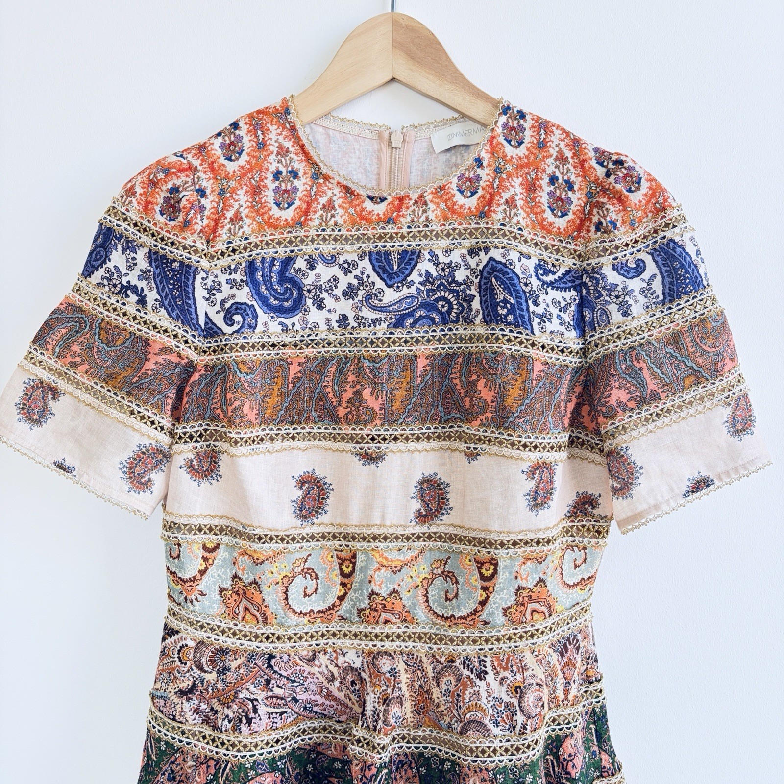 Zimmermann Devi Spliced Mini Dress Size 1/AU 10/US 8 Gold Trim Paisley Rare EUC