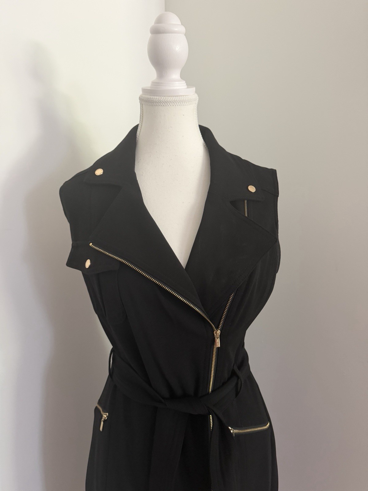 Elegant Black Moto-Inspired Zip Front Dress with Gold Hardware