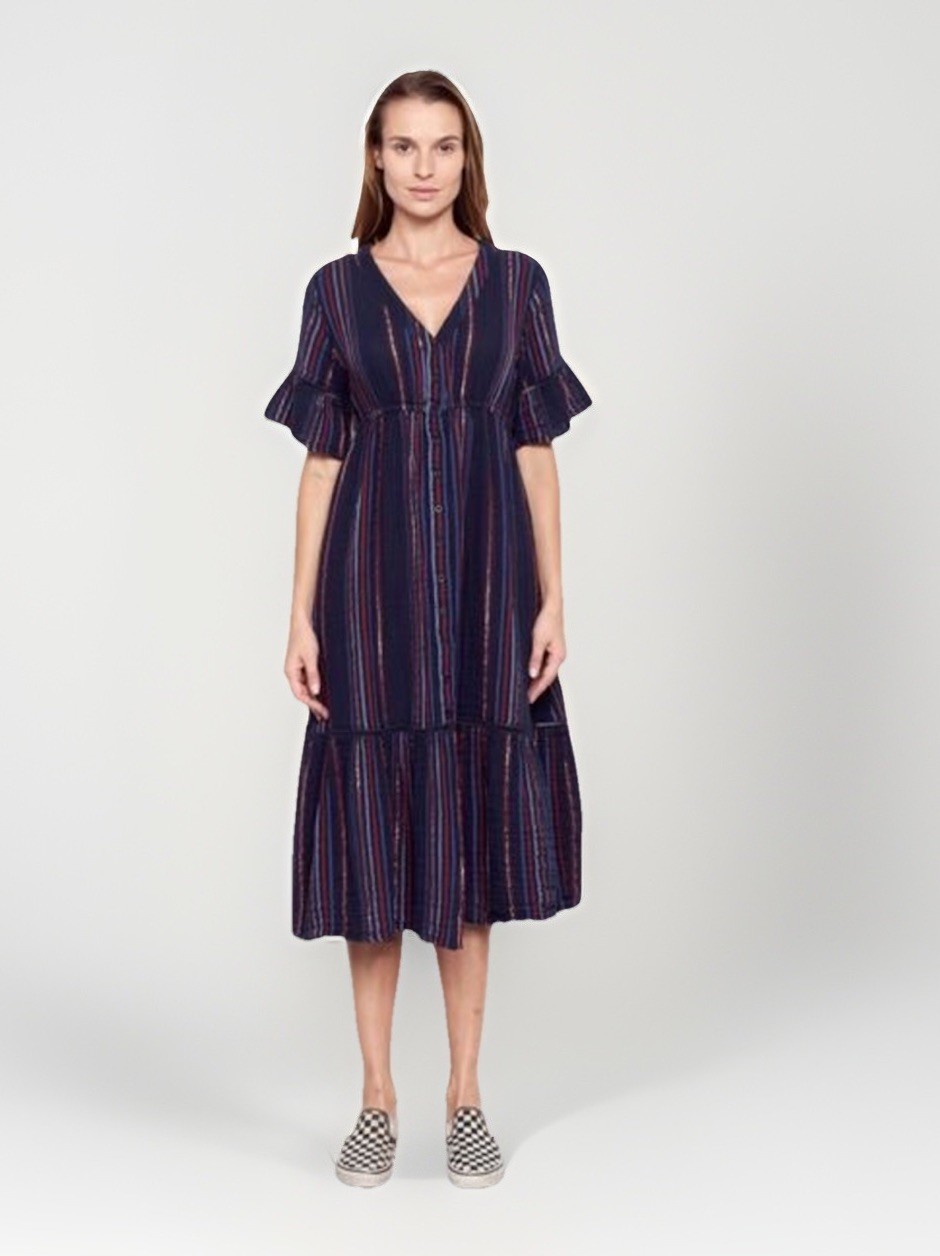 Sundry Dress Sz 2 Tiered Ruffle Sleeve Peasant Prairie Striped MSRP $138 NWOT