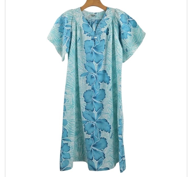 Kalena Fashions of Hawaii Muumuu Dress Small Teal Blue Hibiscus Floral Aloha