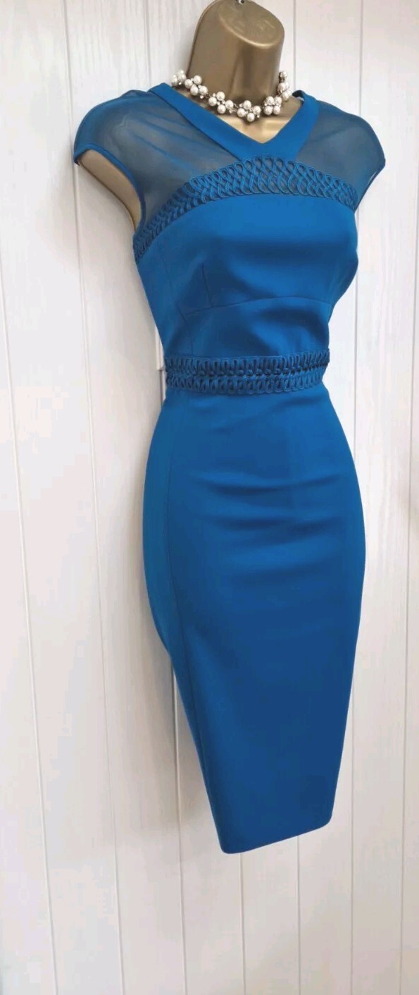 Karen Millen Peacock Blue Sheer Tapework Pencil Wiggle Occasion Dress UK 12