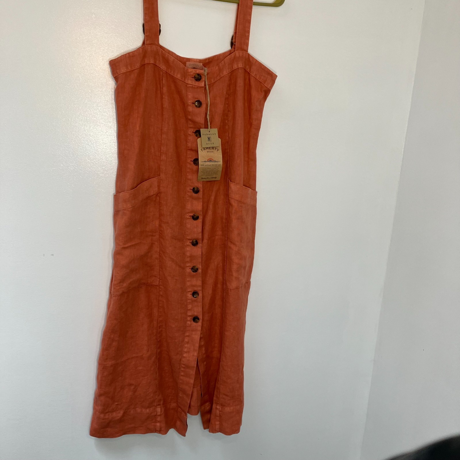 Faherty Aurora Linen Midi Dress S Burnt Orange Red Rock Button Front, strappyNWT