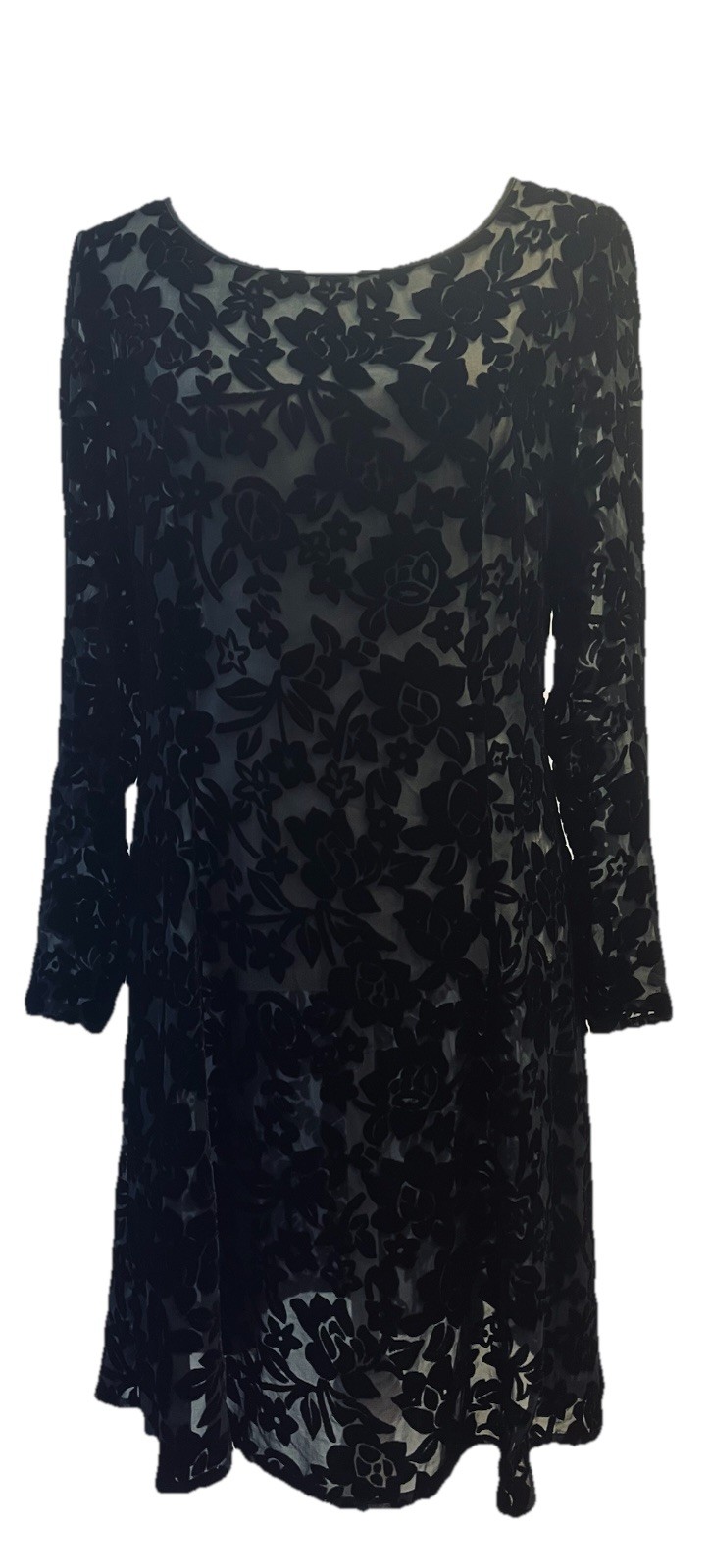 Unbranded Burnout Velvet Floral Dress Black Sheer Mesh Long Sleeve Shift