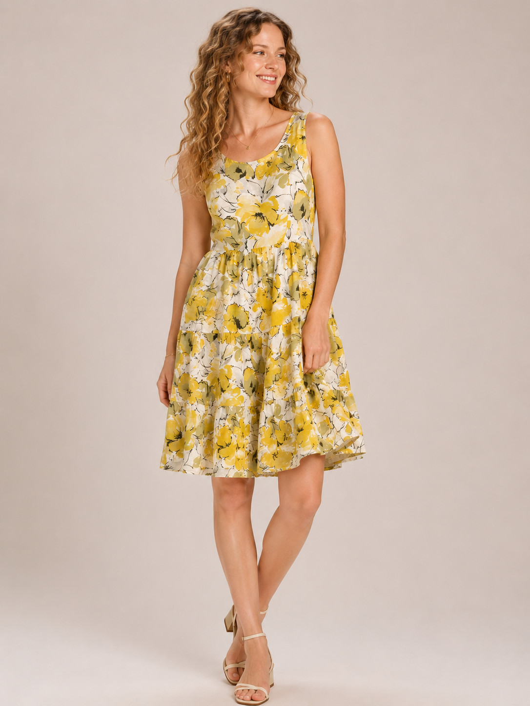 Valentina Naldi Linen Tiered Dress Women Small Yellow Floral Sleeveless Italy