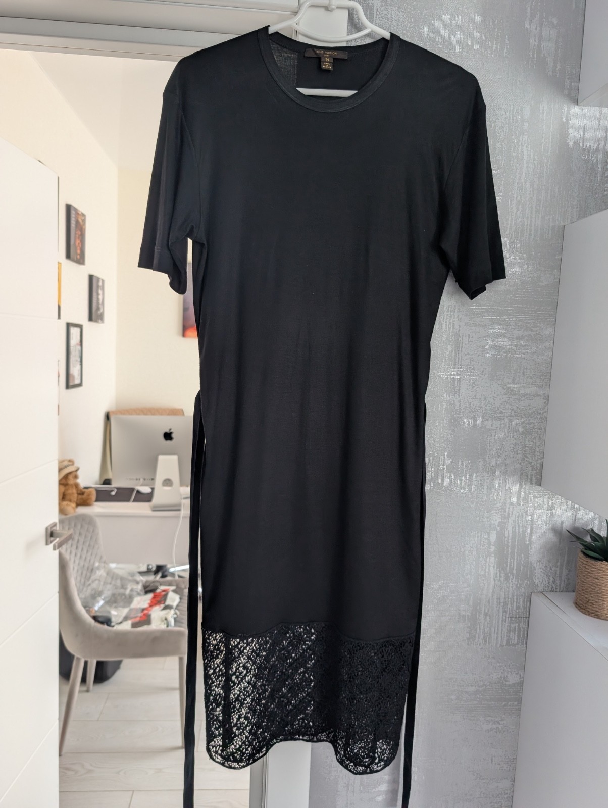 Louis Vuitton Monogram Lace Stretch Belted Shirt Dress Tunic Black Viscose S 36