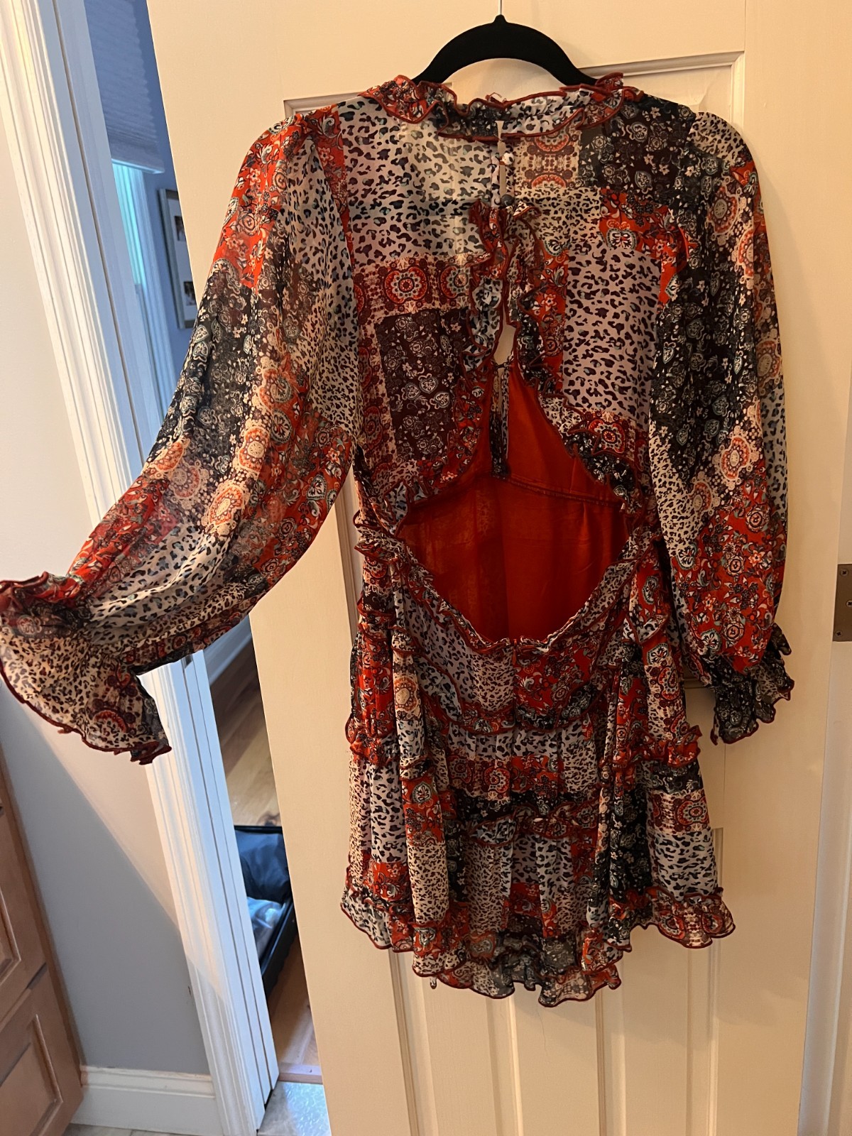 Olivaceous Boho patchwork dress with cutout back size M