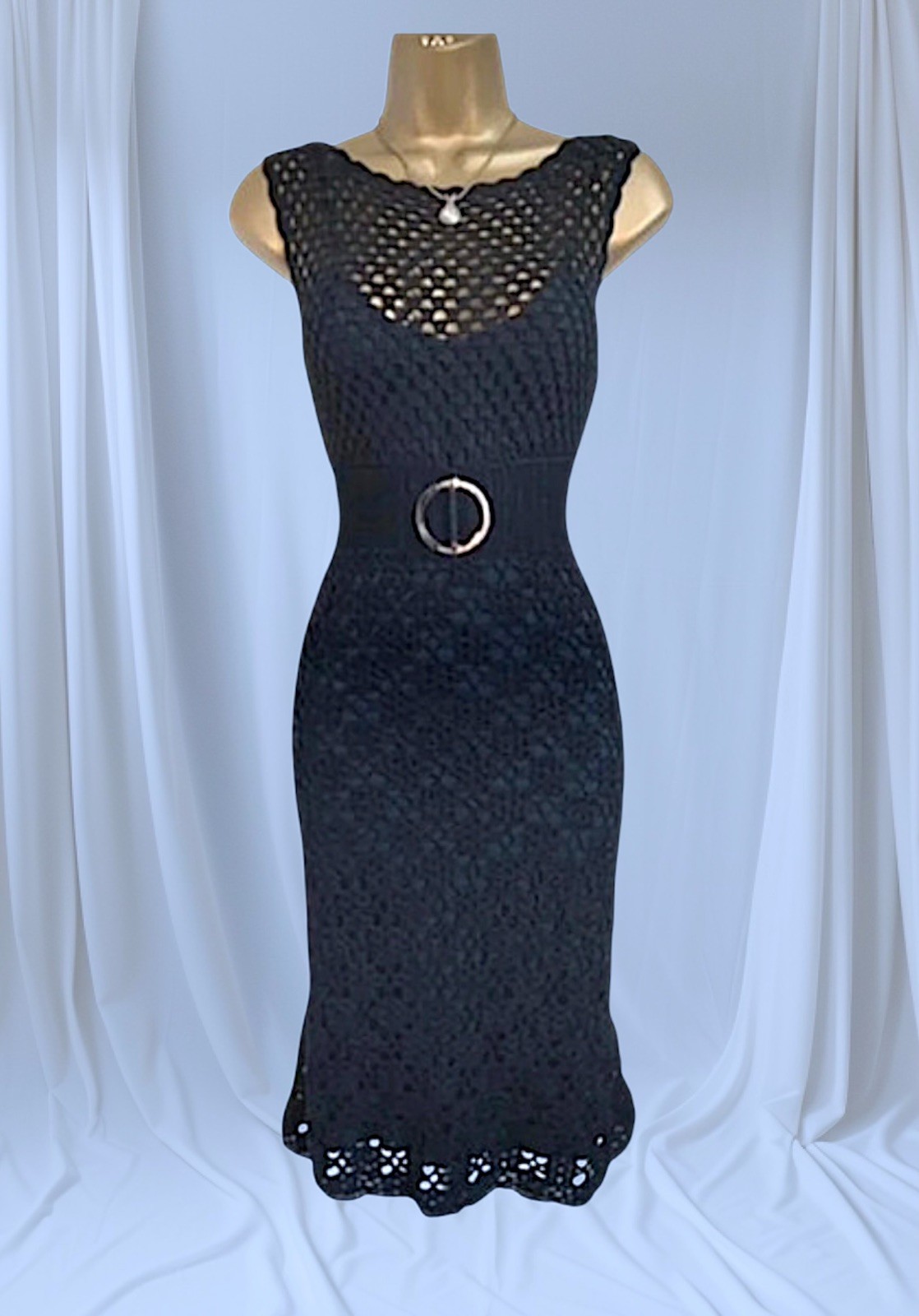 Vintage Karen Millen Size 2 UK 10 Black Knit Crochet Dress