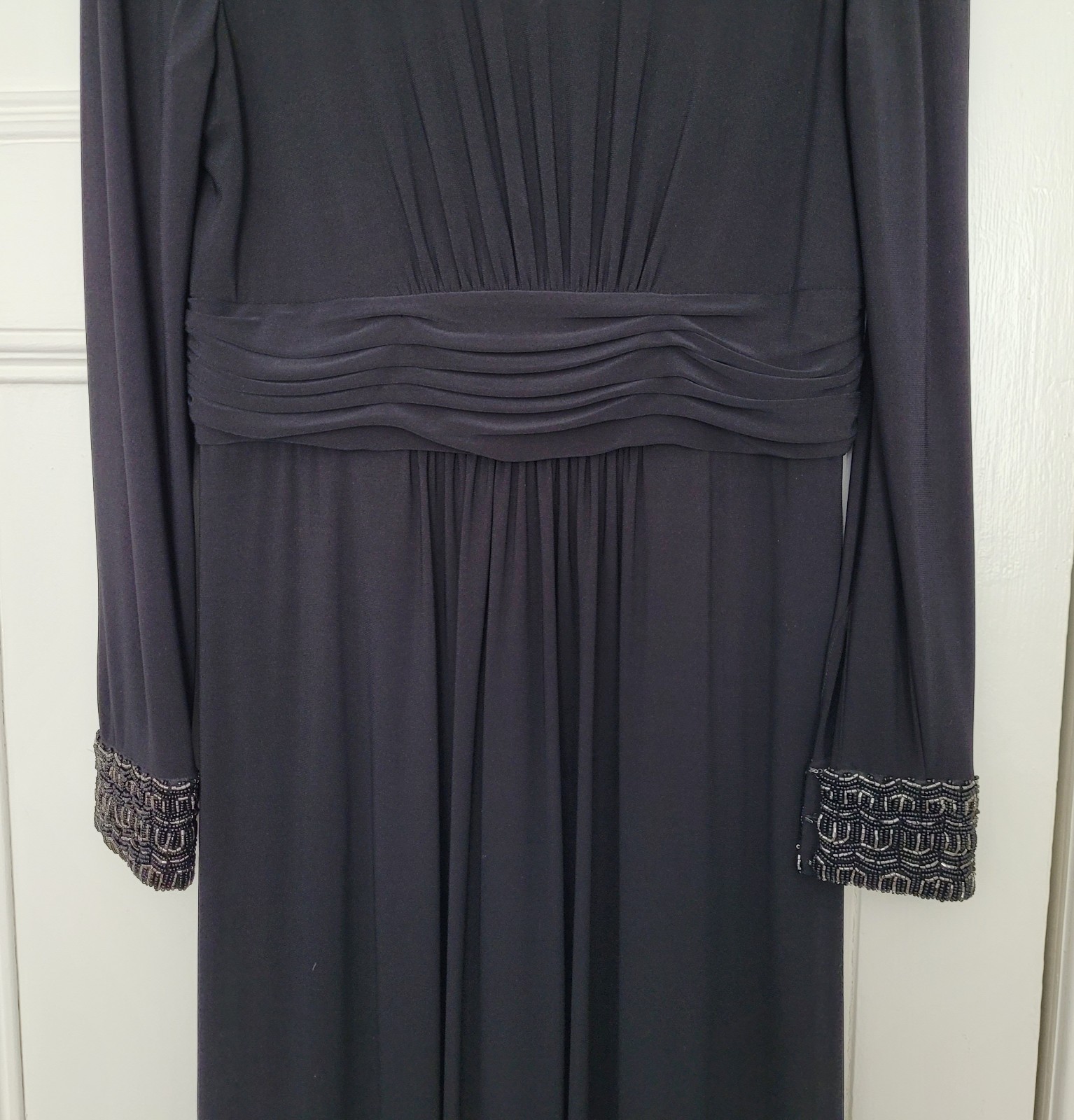 Long black long-sleeved Ariella evening dress fully lined beaded cuff size 14