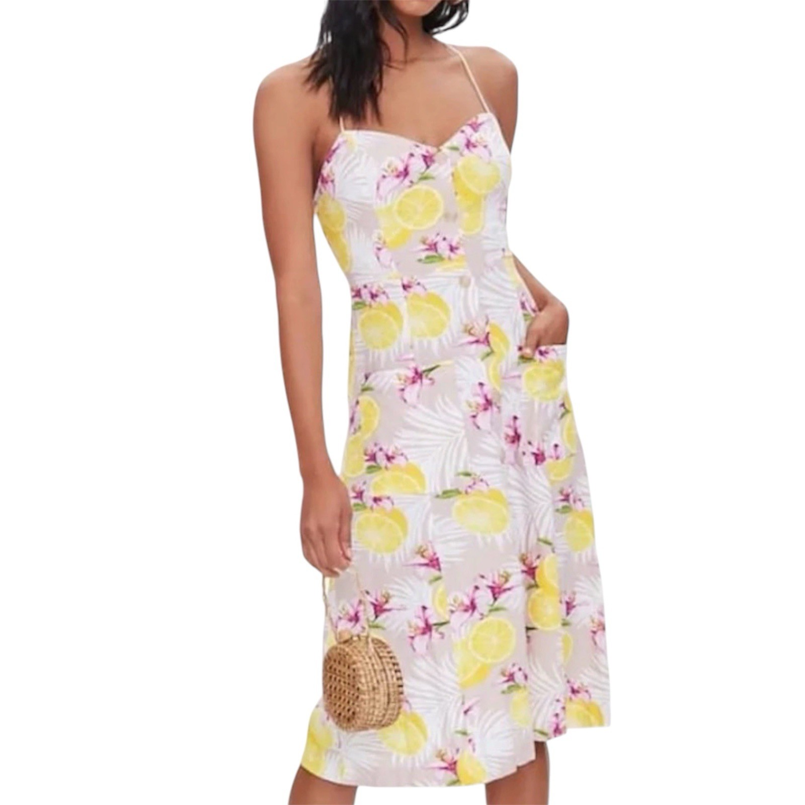 New Forever 21 Beige Lemon Floral V-Neck Button Open-Back Tie Midi Slip Dress S