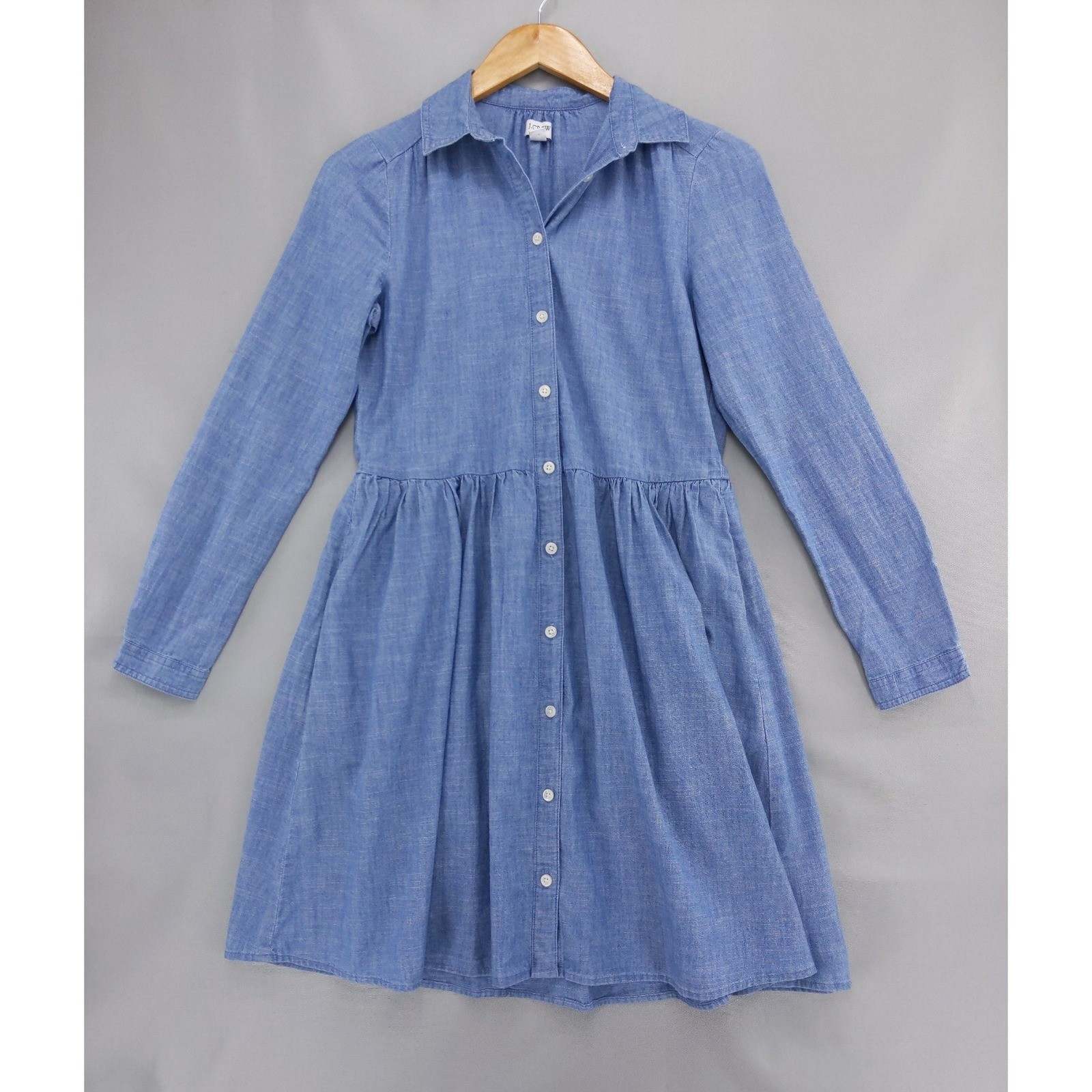 J.Crew Shirtdress Women 0 Blue Chambray Long Sleeve Gathered Waist Pockets