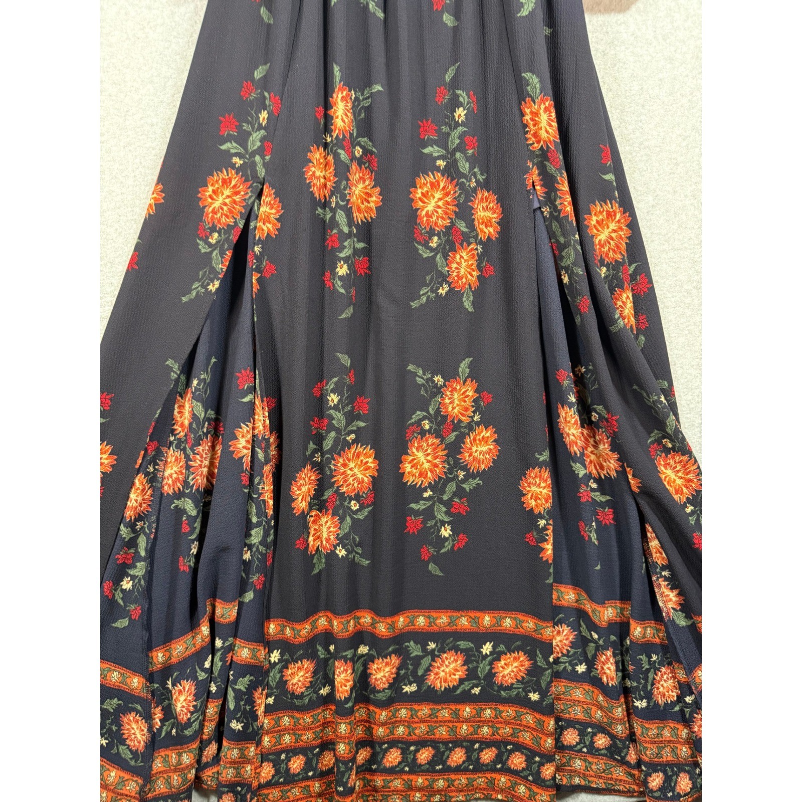 Boho Floral Midi Dress S Navy Orange Peasant Puff Bishop Sleeve Smocked Maxi