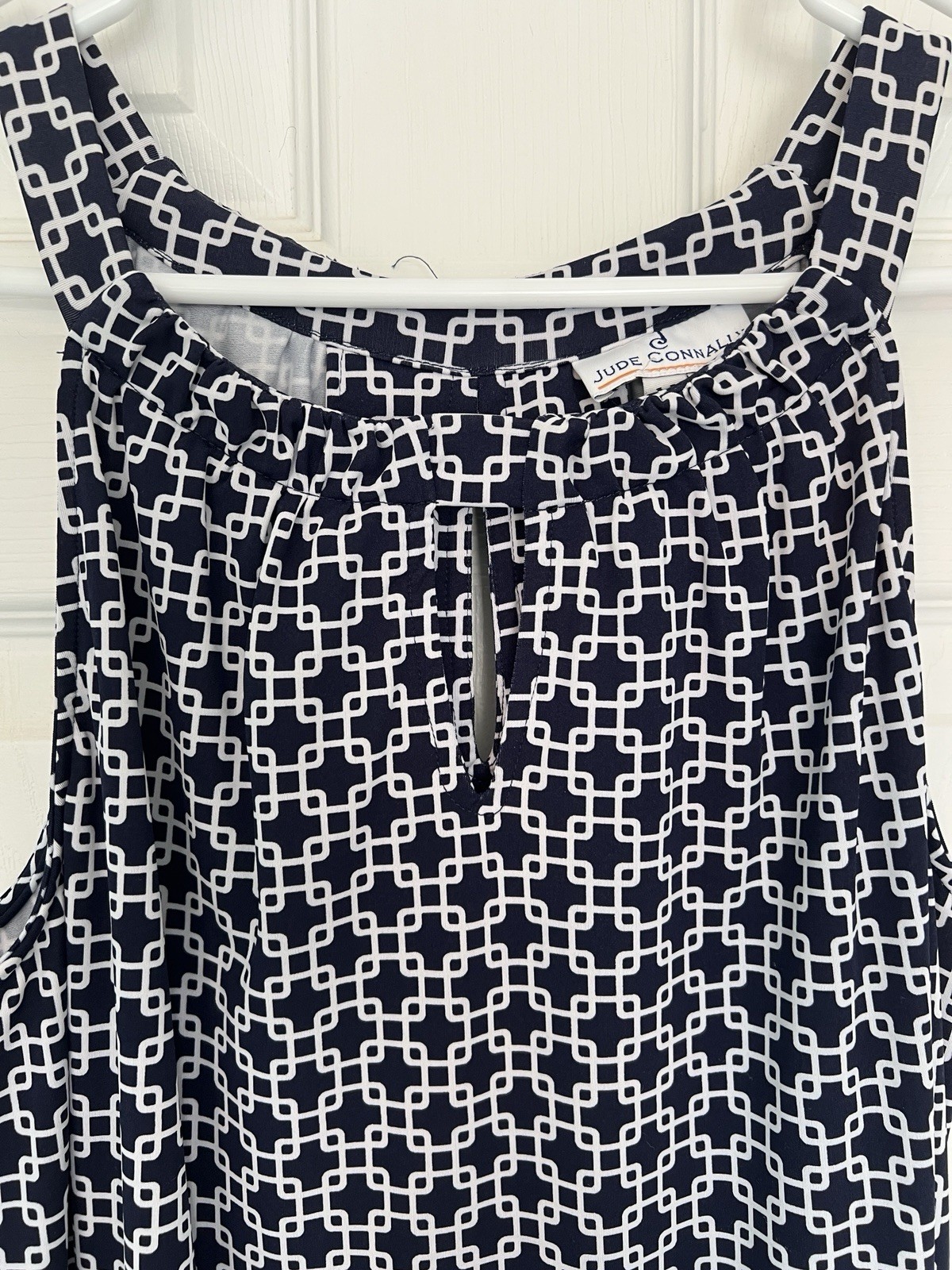 Jude Connally Blue White Geometric Shift Knee Dress Knit Stretch Keyhole S
