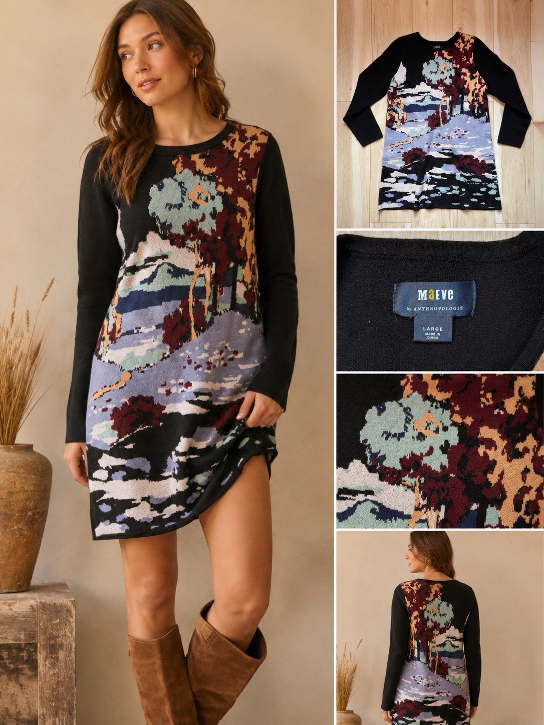 Maeve Anthropologie Landscape Sweater Dress Large Artistic Jacquard Knit Long