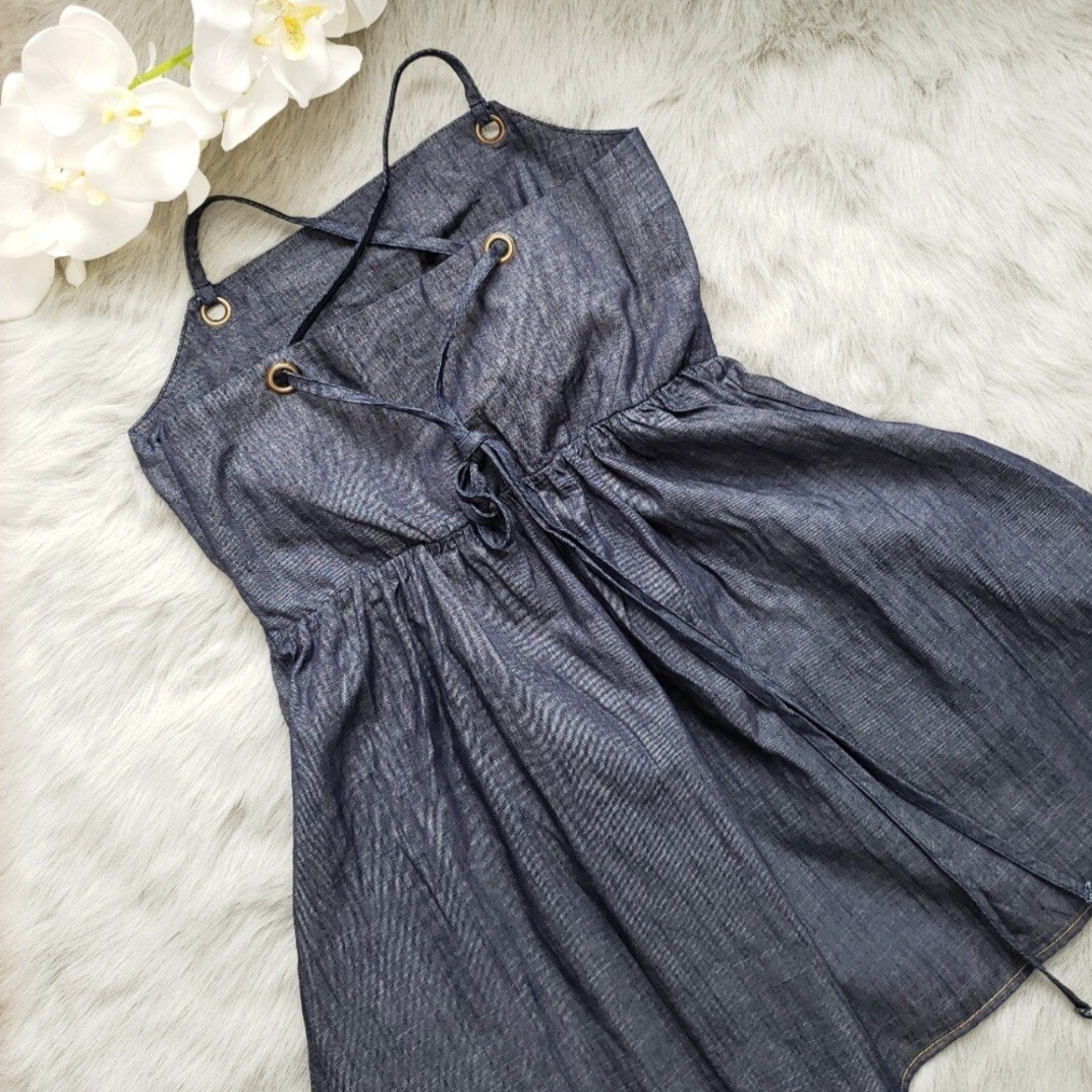 Belle Du Jour Sz S Blue Lightweight Cotton Chambray Fit Flare Apron Dress