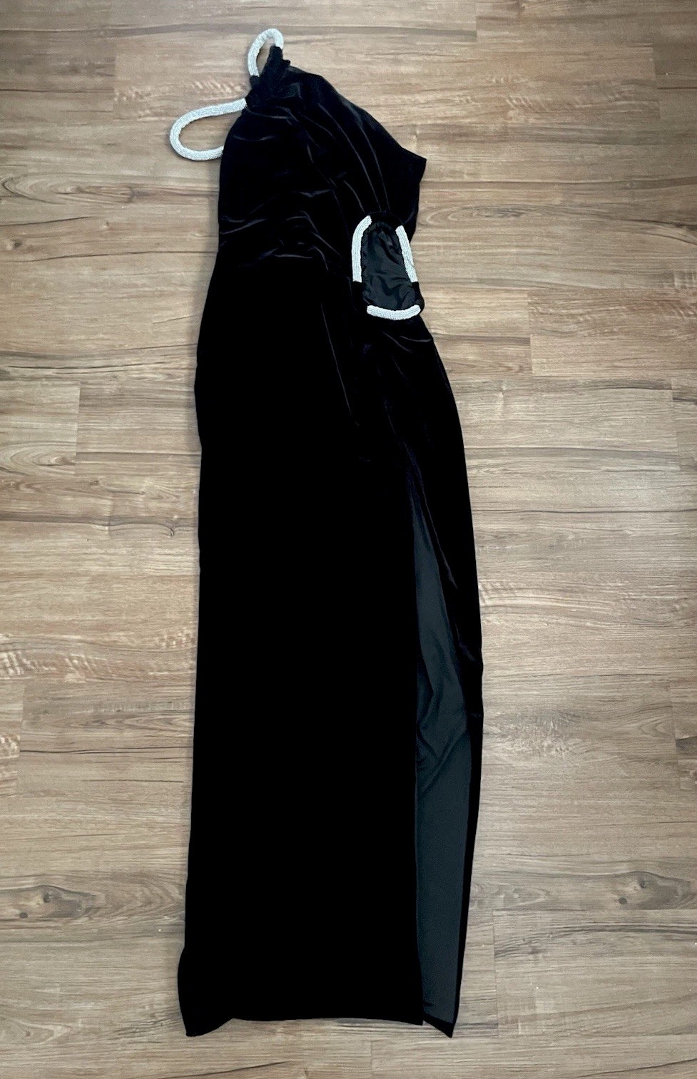 Fashion Nova Black Velvet One Shoulder Rhinestone Strap Long Gown Dress M