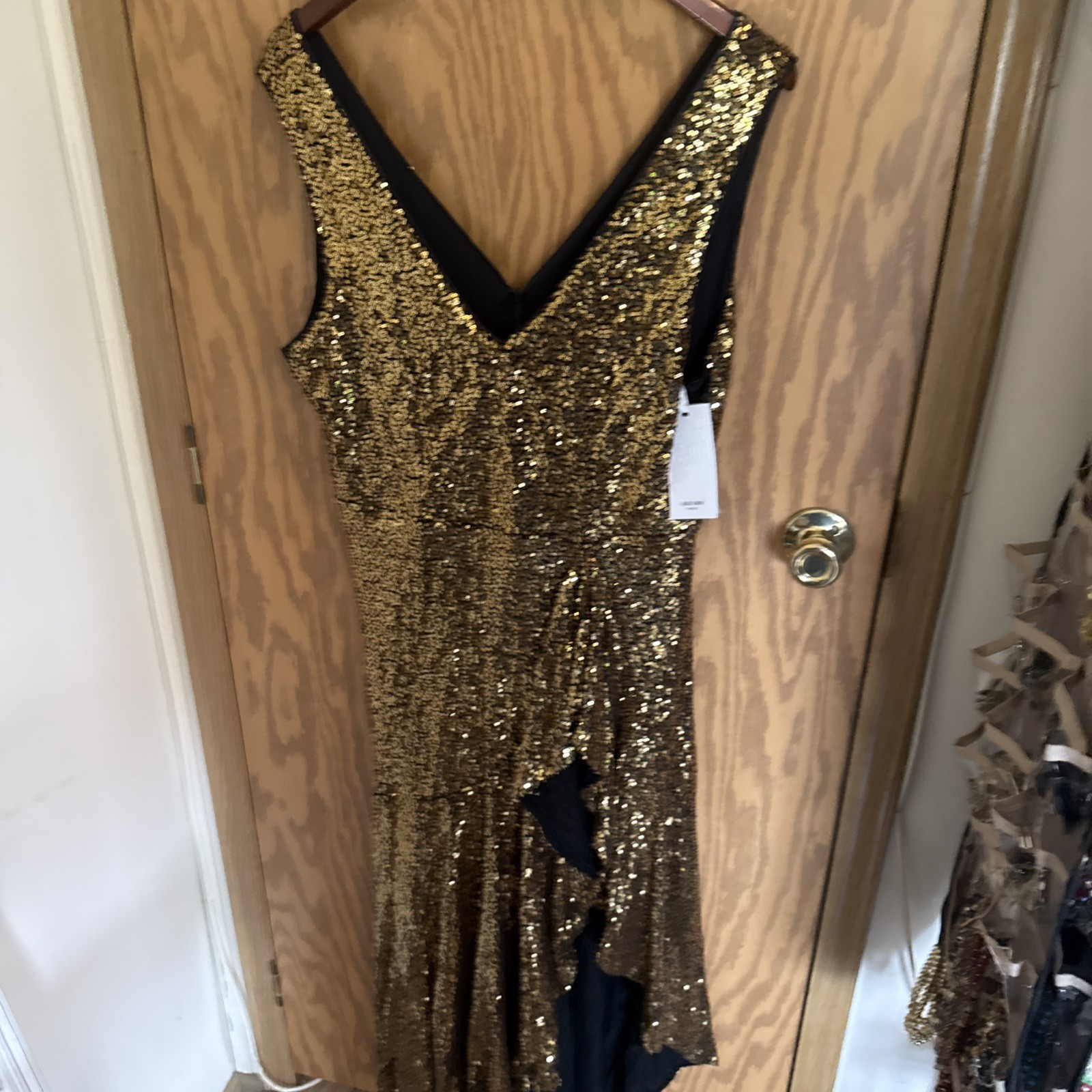 Grace Karin Dress Gold Sequin Sleeveless Ruffle Slit Super Pretty Large