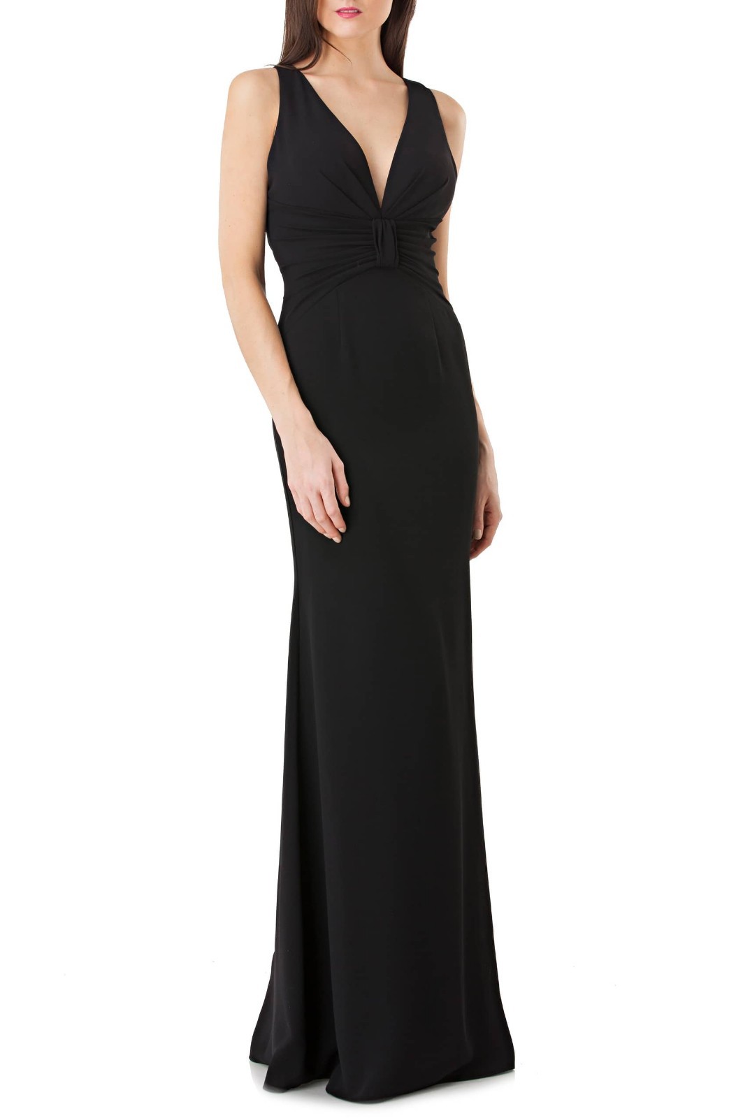 JS COLLECTIONS Black Pleated Bow Front Open Back Stretch Crepe Maxi Gown 8 = M